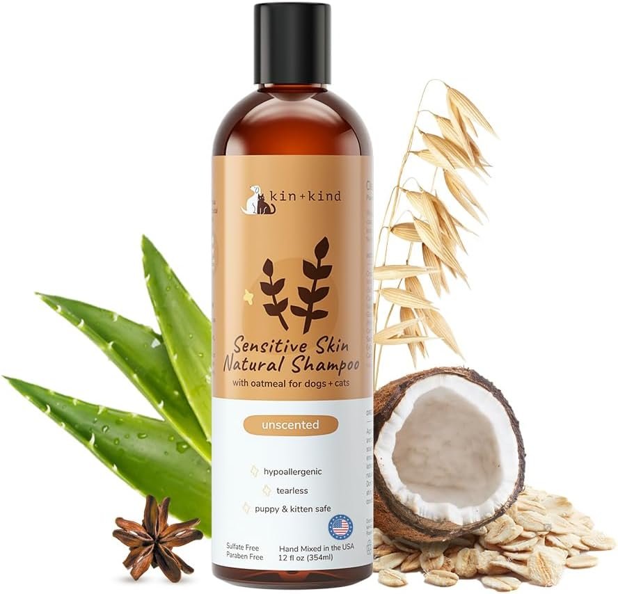 kin+kind Sensitive Skin Natural Dog and Cat Shampoo – Gentle Oatmeal Clean – Fragrance Free – 12 fl oz