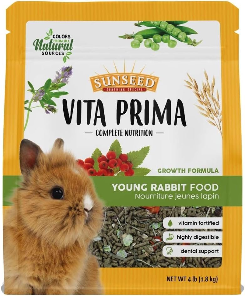 Sunseed Vitakraft Vita Prima Young Rabbit Food 4 lb – Wholesome Daily Nutrition with Timothy Hay Alfalfa Grains Fruits and Vegetables for Growing Rabbits – Nutrient Rich Seed and Pellet Blend