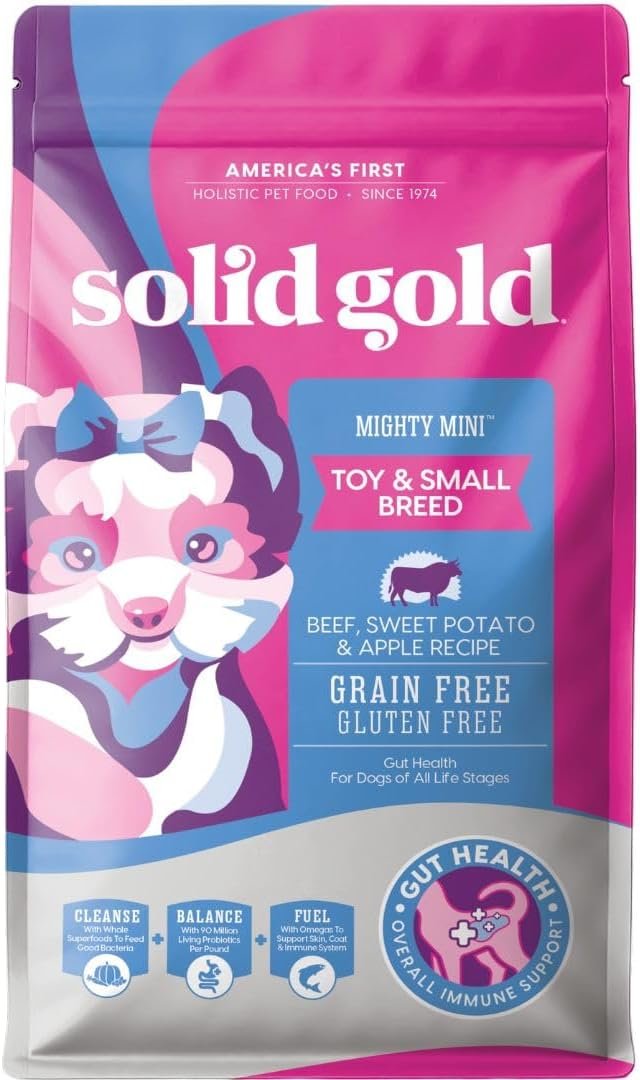 Solid Gold Toy & Small Breed Dry Dog Food Small Bites – Real Beef, Grain Free, Gluten Free, High Fiber Kibble with Probiotics for Gut Health & Digestion Support – Healthy Dog Food All Ages – 4LB