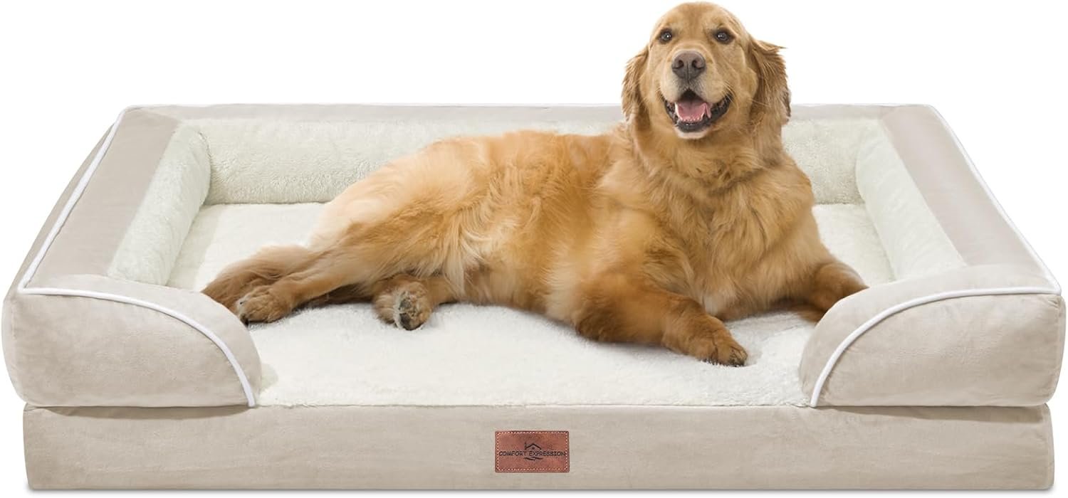 Comfort Expression Orthopedic Dog Bed for Extra Large Dogs 42×30 Inch, Waterproof Supportive Egg Crate Foam XL Pet Bed with Removable Bolsters, Dog Couch with Washable Cover & Non-Slip Bottom, Beige