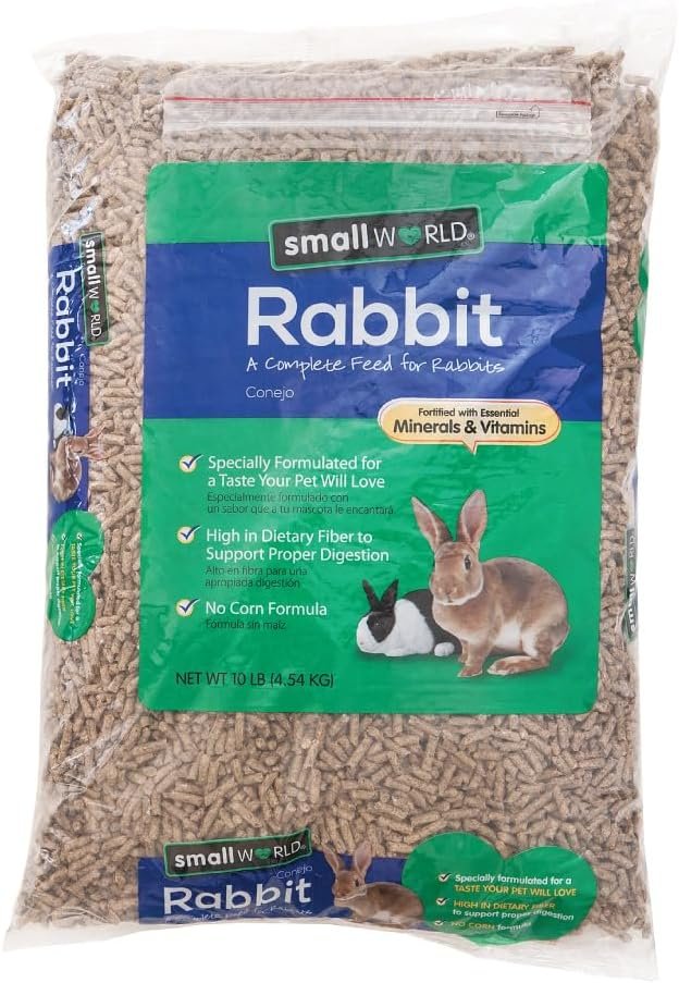 Small World Rabbit Food, Complete Feed, Pelleted Food for Rabbits, Fortified with Essential Vitamins & Minerals for Daily Health, High-Fiber Diet for Digestive Support, Resealable Bag, 10 lb