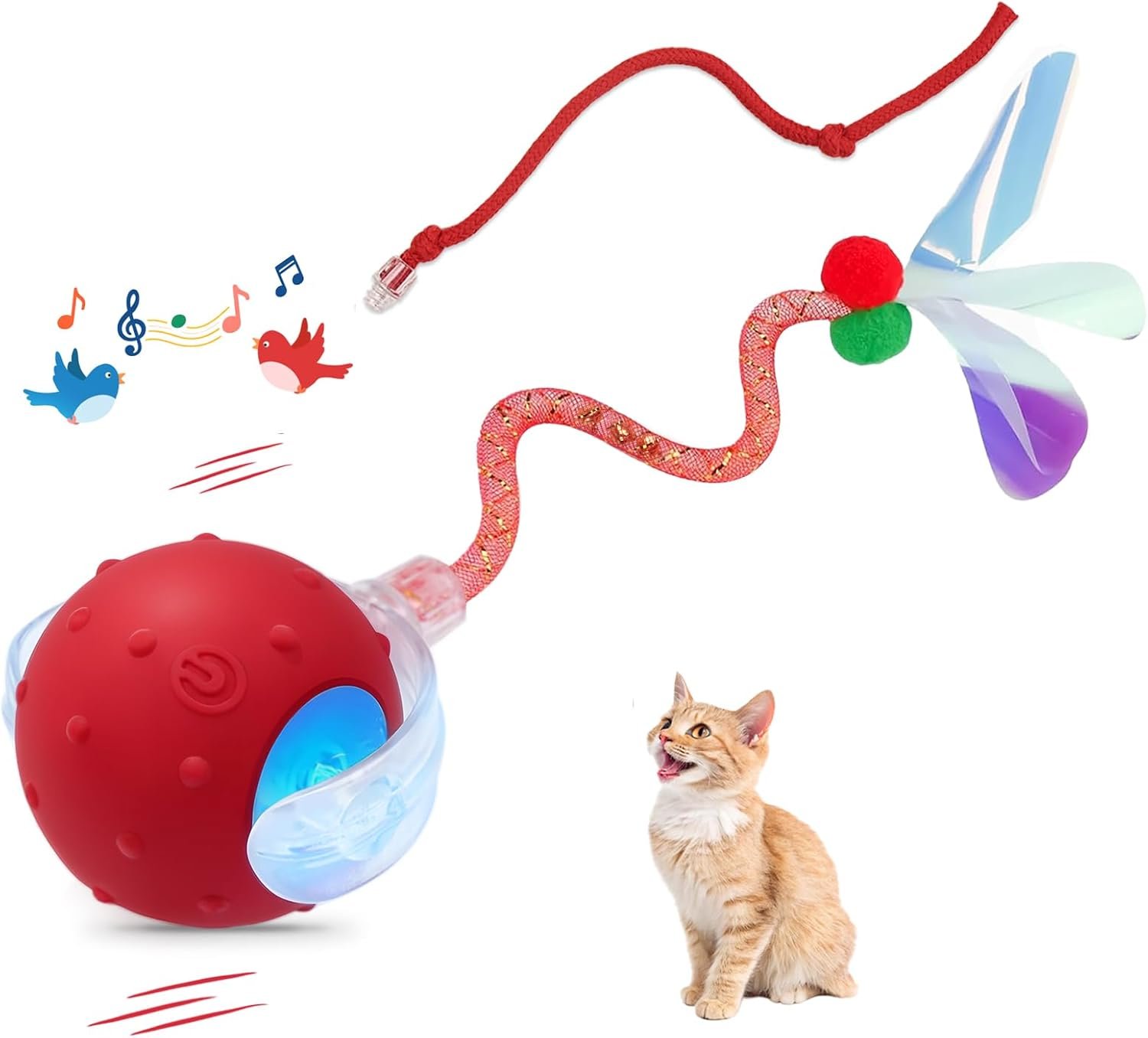 Interactive Cat Ball Toy, Chirping Motion Activated Electric Rechargeable Cat Toy with 2 Replaceable Tails, Self Play Hunting Rolling Indoor Cat Toys for Bored Adult Cats & Kittens – Boredom Busters