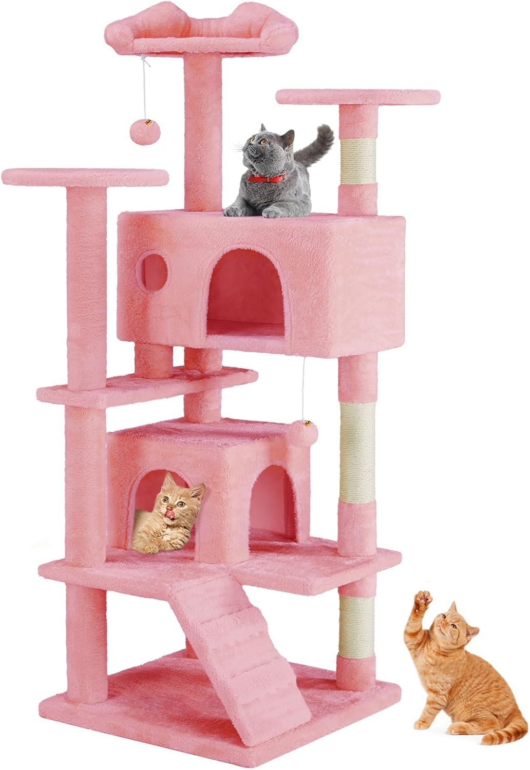 Sweetcrispy 54 Inch Cats Tree Tower, Multi-Level with Cat Scratching Post, Indoor Cat Condo with Climbing Ladder, Plush Toy, Play House for Cats, Pink