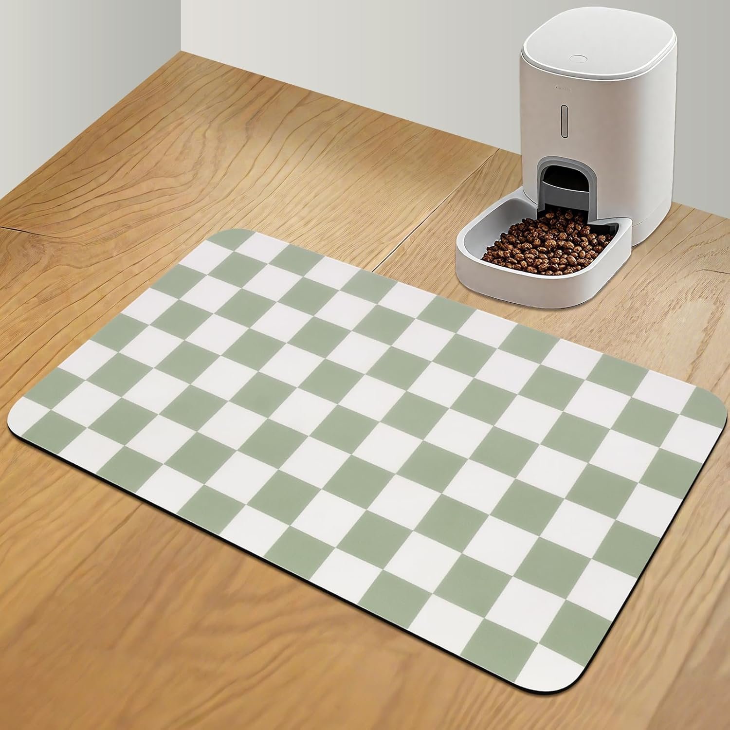 CooRug Checkered Dog Food Mat, Absorbent Leak-Proof Pet Feeding Mat, Quick Dry Cat Food Mat for Messy Drinkers 16″ x 24″ Green