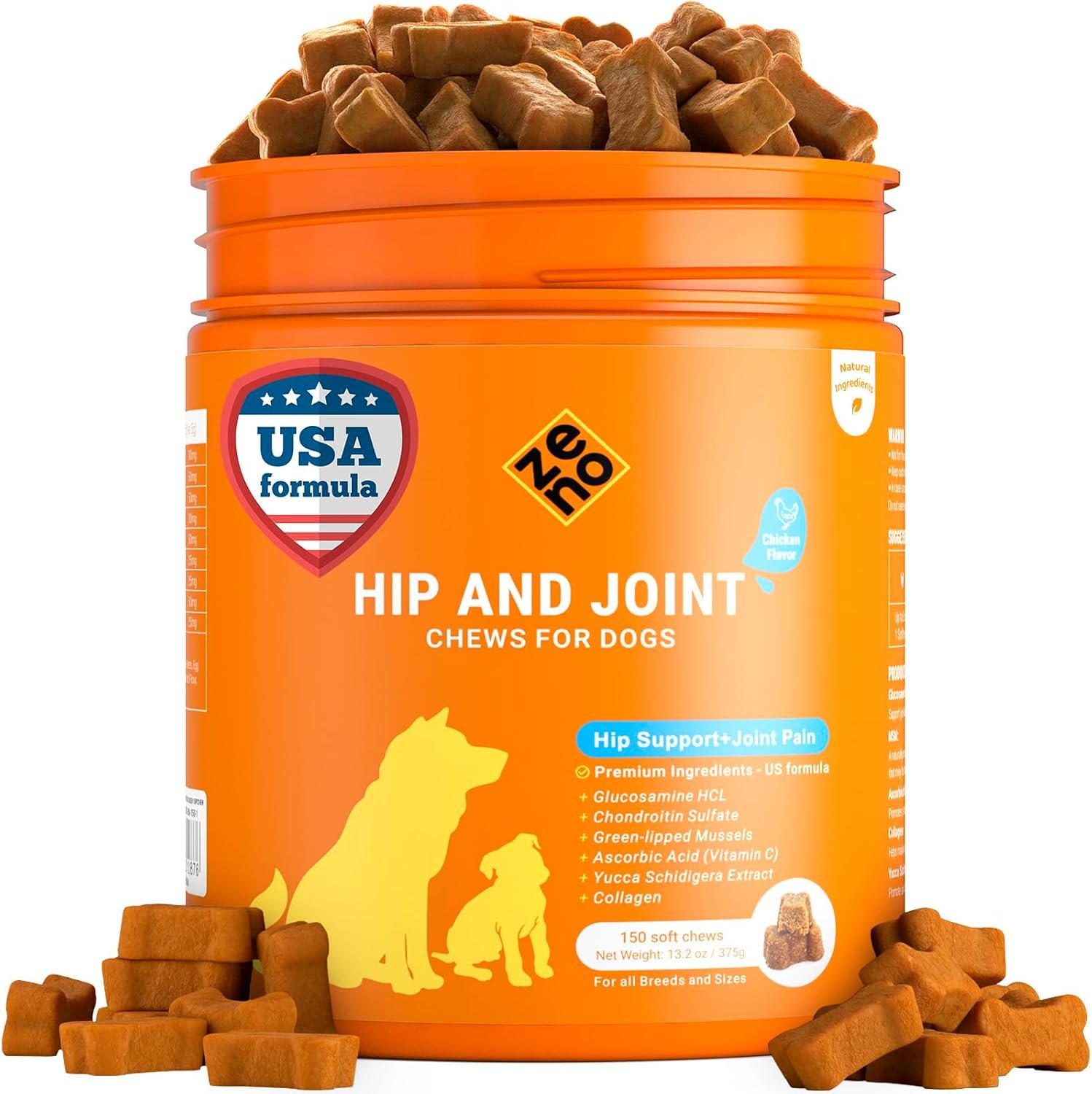 ZENO Glucosamine HCL & Hip and Joint Chews for Dogs – 150 pcs – Advanced Hip and Joint Support for Dogs – with MSM & Green Lipped Mussel – Chicken