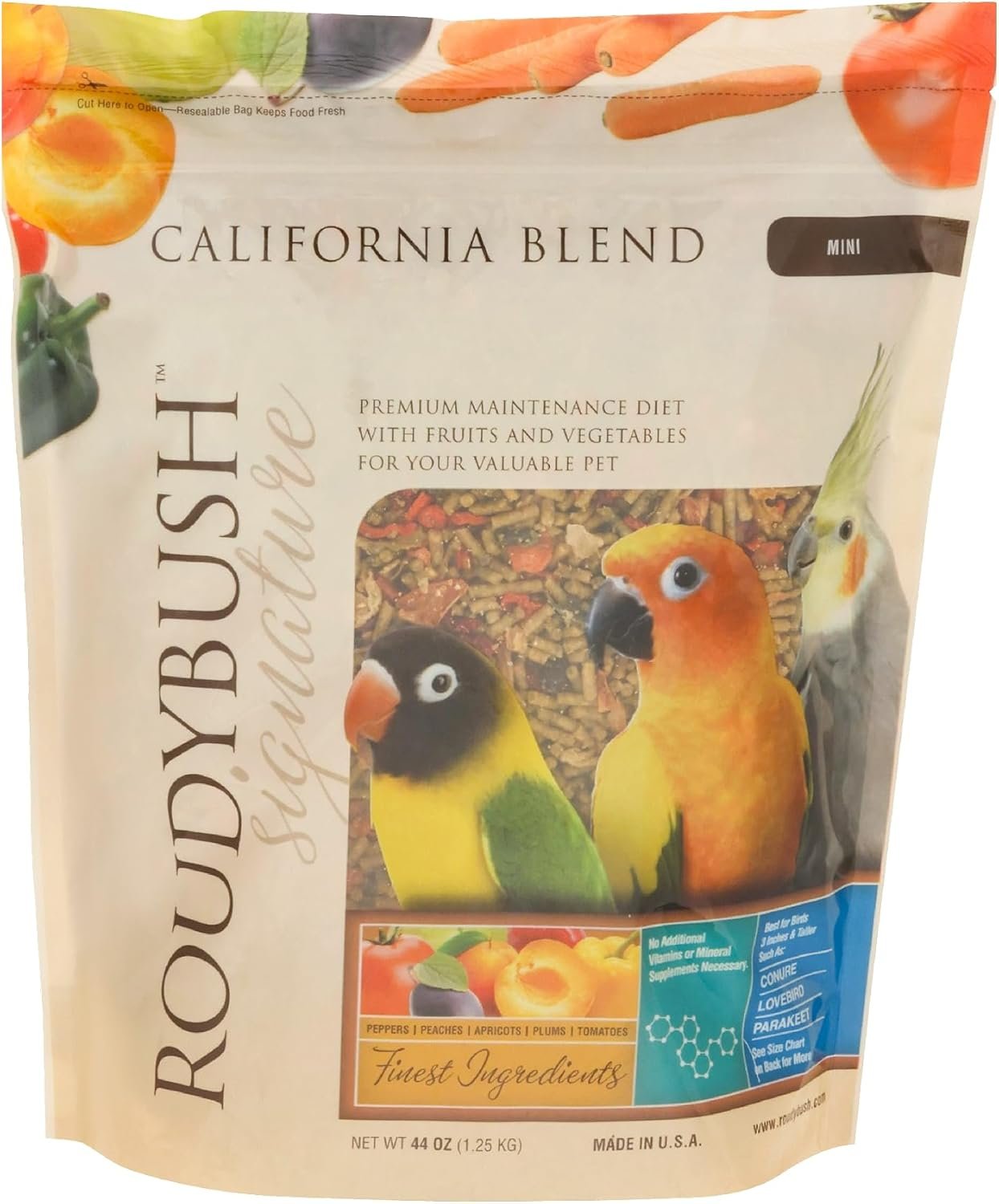 RoudyBush California Blend Pellets for Birds, Daily Food for Birds, Formulated with Dried Fruits, Vegetables, Corn, Wheat & Soy, Colorful Variety in a Complete Daily Feed, Mini Pellet, 44 OZ