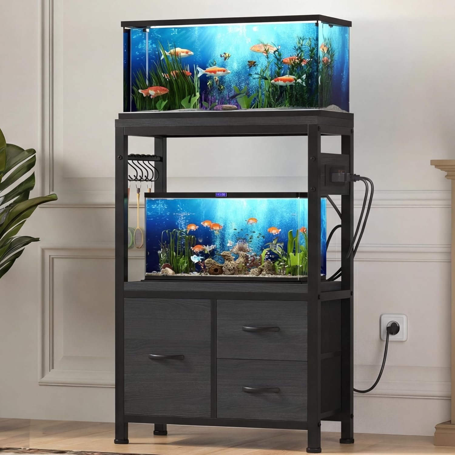 Heybly 5-10 Gallon Fish Tank Stand, Aquarium Stand with Drawer, Power Outlet, Heavy Duty Metal Frame, for Fish Tank, Turtle & Reptile Terrarium, 20.5″ × 10.2″ Top, 200lbs, Black HAS002SBK