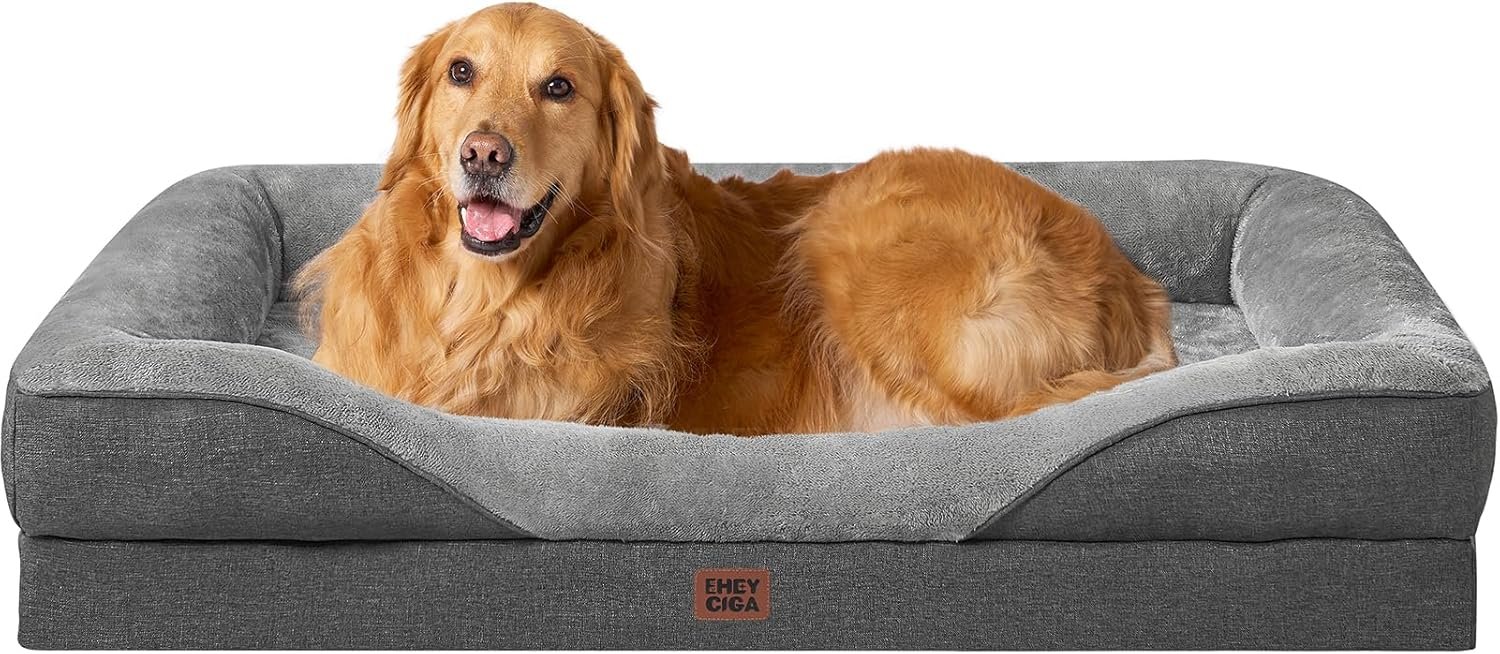 EHEYCIGA Orthopedic XL Dog Bed for Large Sized Dog, 42×30 Inch Extra Large Memory Foam Dog Couch Bed with Sides, Waterproof Liner & Washable Removable Cover, Bolster Pet Sofa, Grey