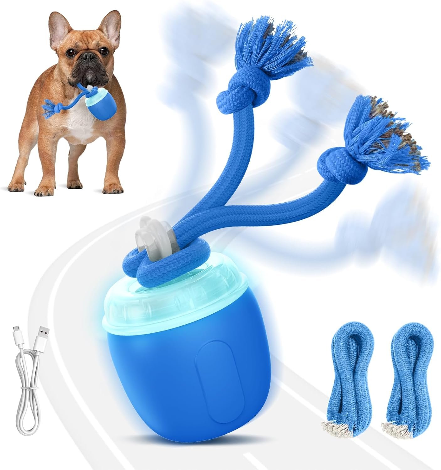 Interactive Dog Toys, Automatic Moving and Rolling Dogs Toy with Rope for Medium Large Dogs, Motion-Activated Dog Ball to Keep Them Busy(Blue)