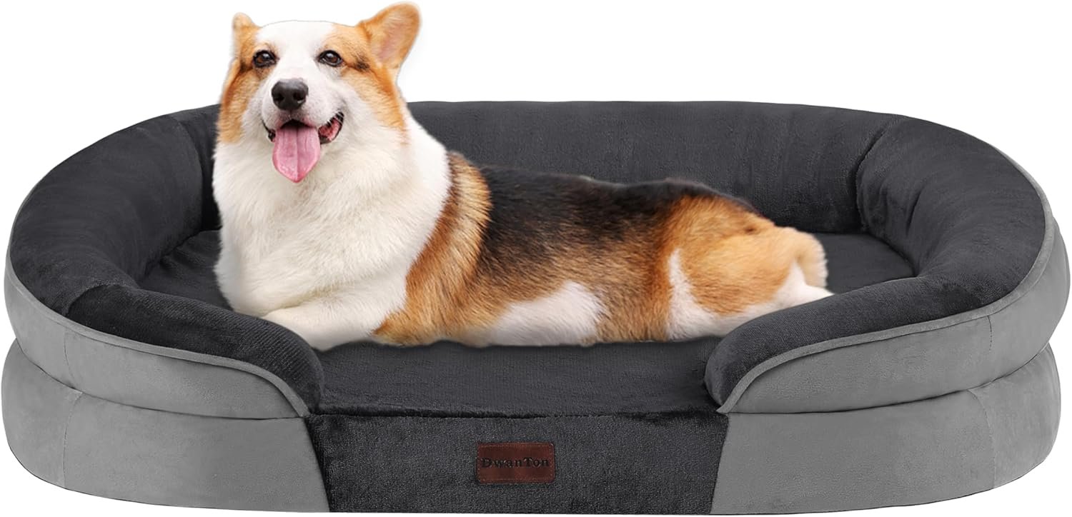 Dwanton Orthopedic Dog Bed for Medium Dogs with Gel Memory Foam, Waterproof Dog Sofa, Washable Pet Bed with Four Sided Bolster Cushion, Removable Cover & Non-Slip Bottom, 36″, Dark Gray