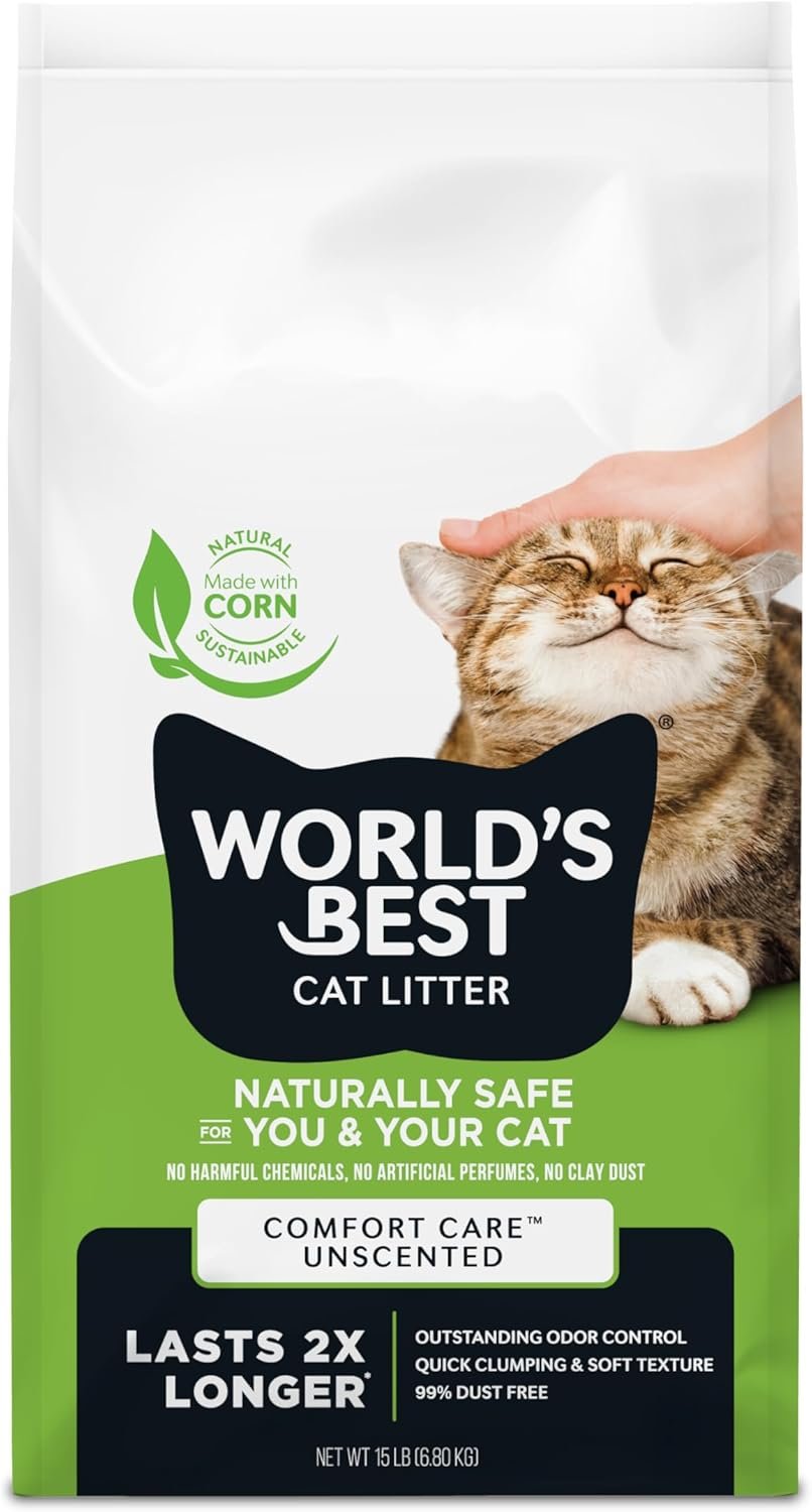 WORLD’S BEST CAT LITTER Comfort Care Unscented 15-Pounds – Natural Ingredients, Quick Clumping, Flushable, 99% Dust Free & Made in USA – Long-Lasting Odor Control & Easy Scooping