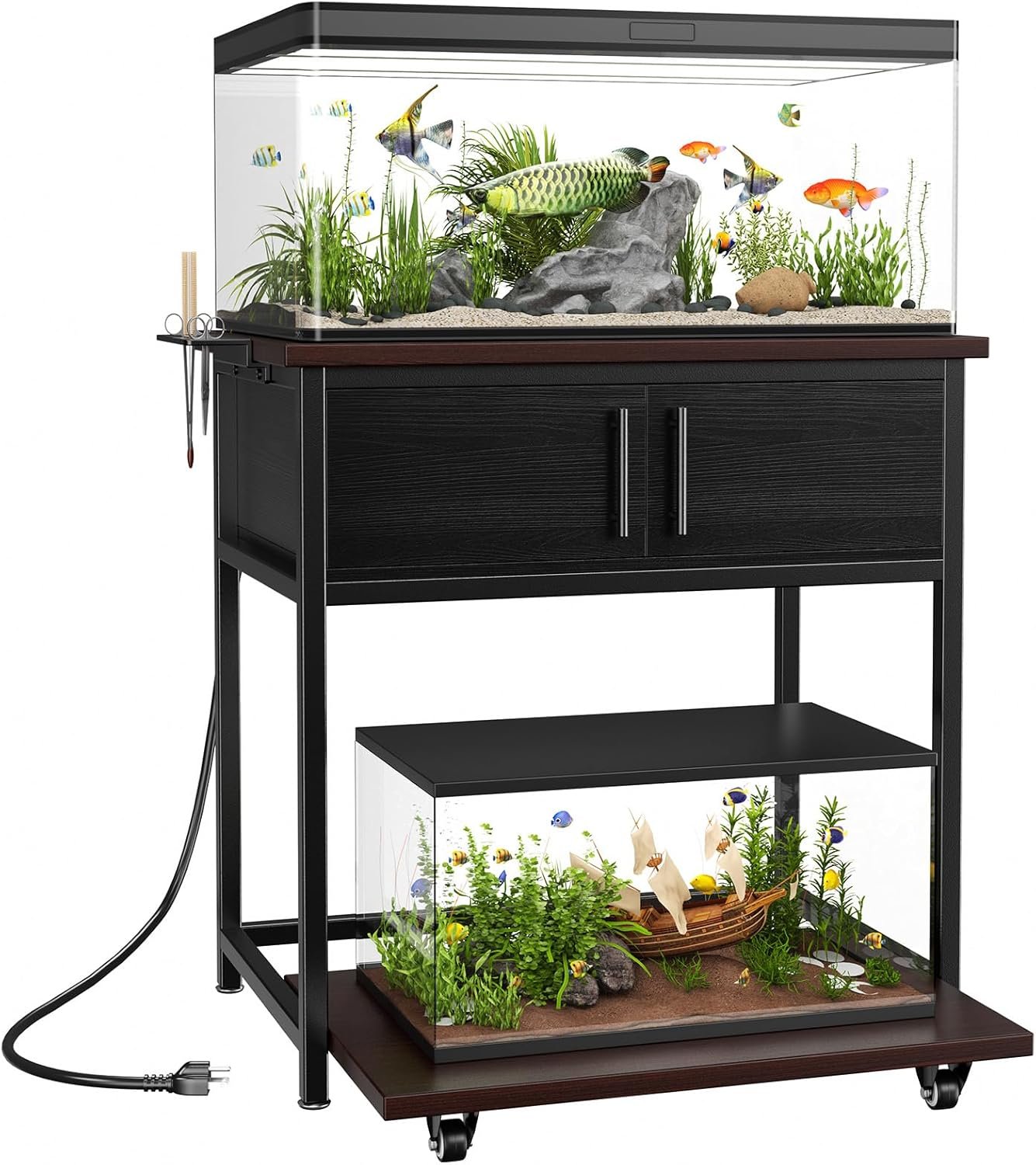 20-29 Gallon Fish Tank Stand with Power Outlet and Storage Cabinet,Aquarium Stand with Slide-Out Fish Tank Shelf,Heavy Duty Metal Frame and Waterproof Wood,31.5″ L x 15.7″ W 770LBS Capacity