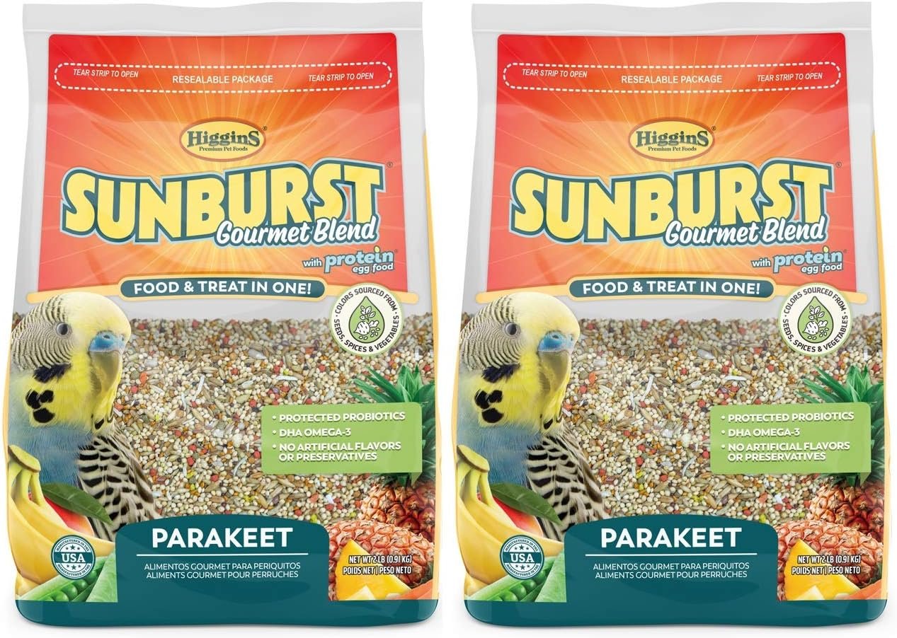 Higgins 2 Pack of Sunburst Gourmet Blend Parakeet Food, 2 Pounds Each, with Protein Egg Food