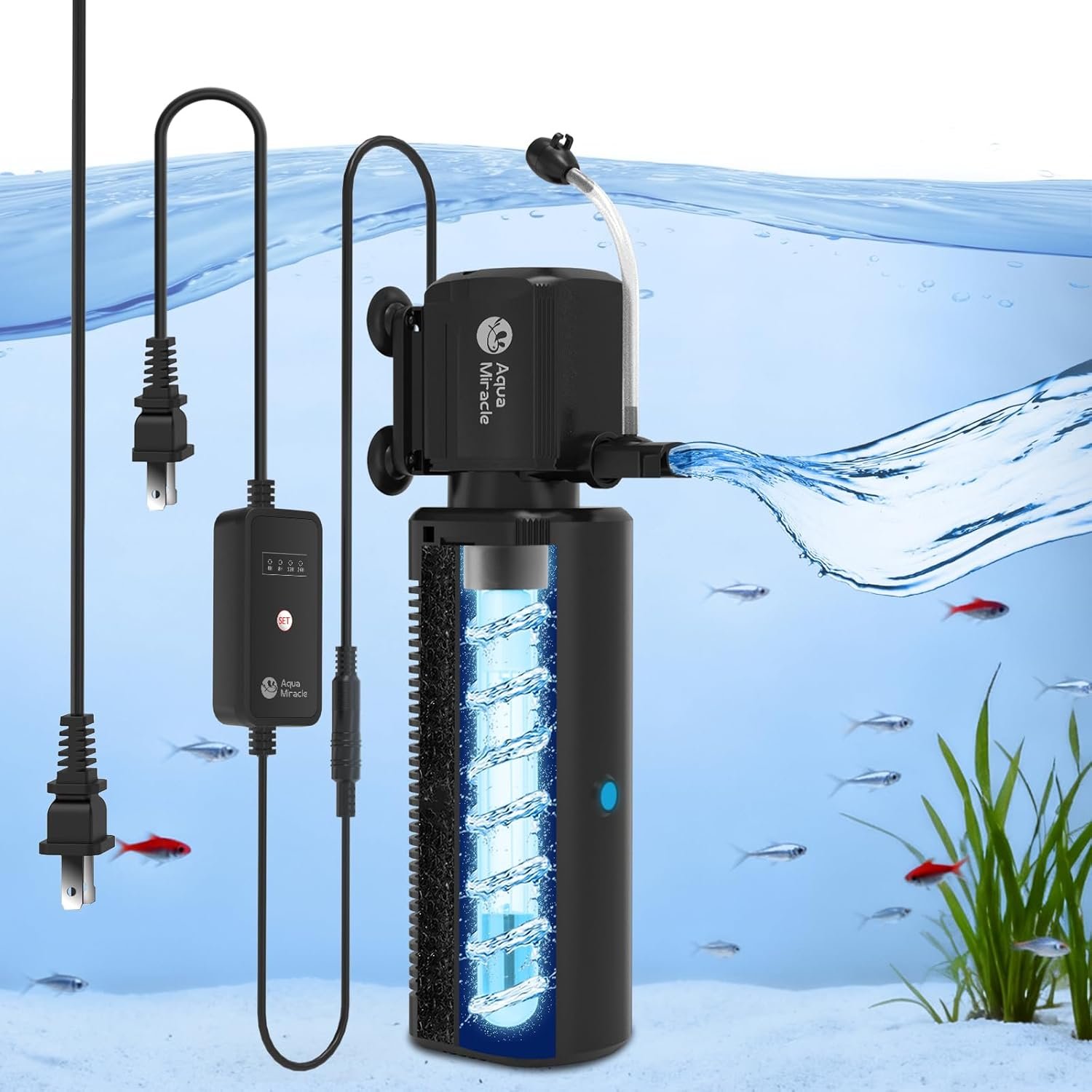 AquaMiracle Fish Tank Filter with Timer & Filter Sponge, 225GPH U – V Aquarium Filter with Aeration & Rainfall Modes, Effective Turtle Filter for Green Water Control (20-70 Gal Tank)