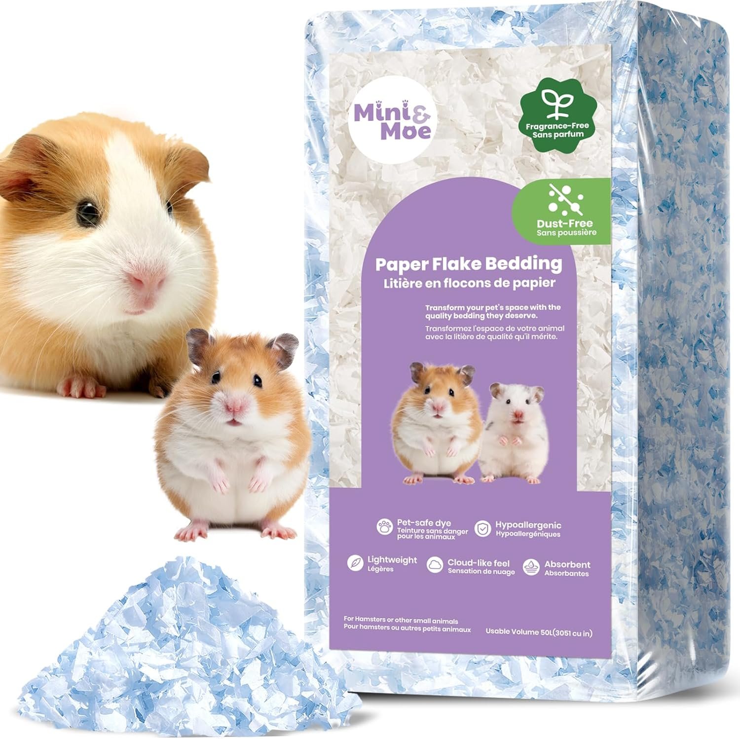 mini&moe Hamster Bedding 23 Liters:Hamster Bedding Dust-Free and Odor Control Moisture Absorbent Natural Paper Small Pet Bedding – for Guinea Pigs, Hamsters, Rabbits, and Small Animal