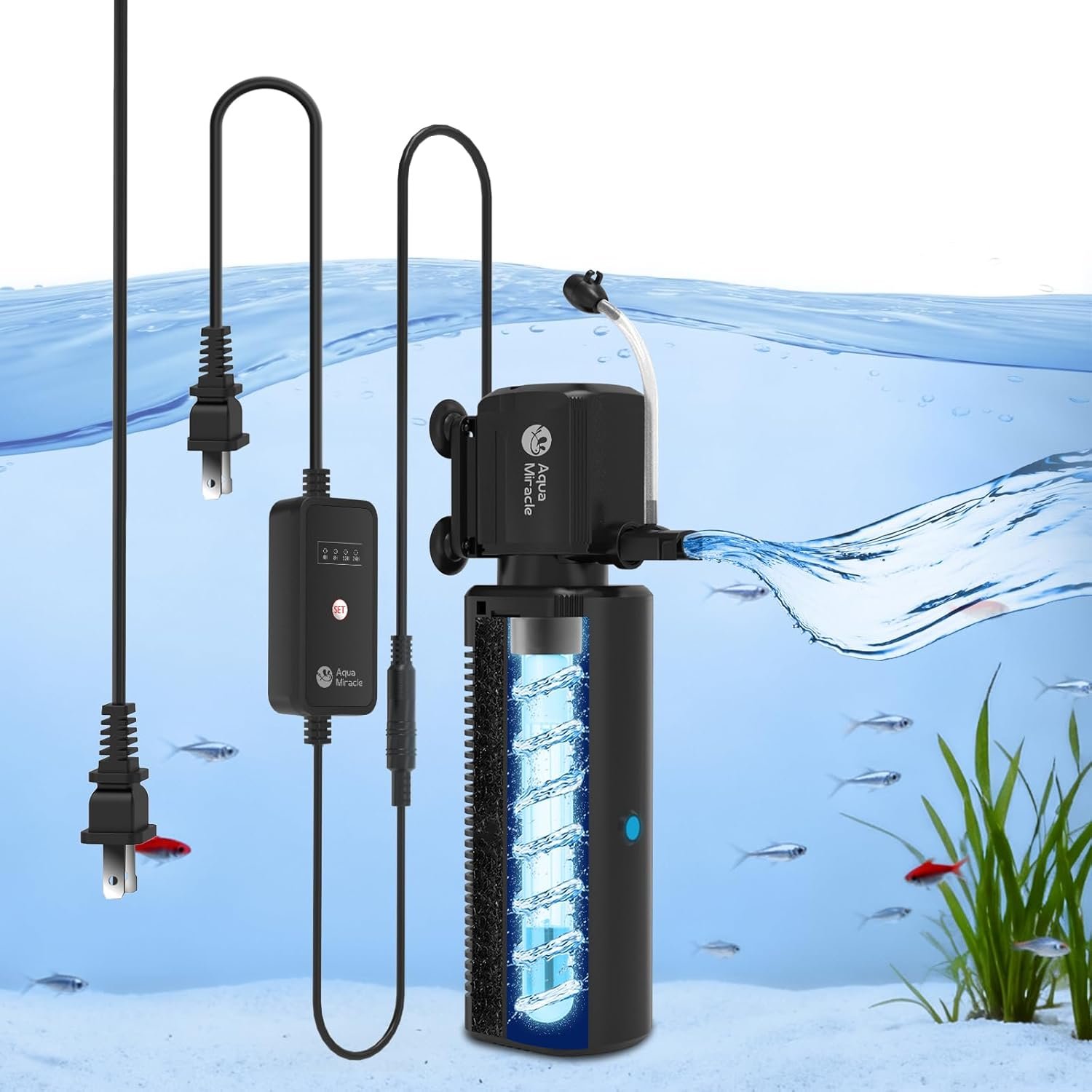 AquaMiracle Fish Tank Filter with Timer & Filter Sponge, 130GPH U – V Aquarium Filter with Aeration & Rainfall Modes, Effective Turtle Filter for Green Water Control (10-30 Gal Tank)