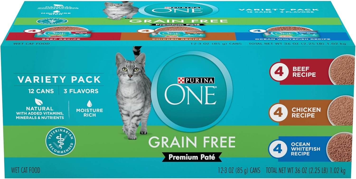 Purina ONE Grain Free, Natural Pate Wet Cat Food Variety Pack, Beef, Chicken and Ocean Whitefish Recipes – (2 Packs of 12) 3 oz. Pull-Top Cans