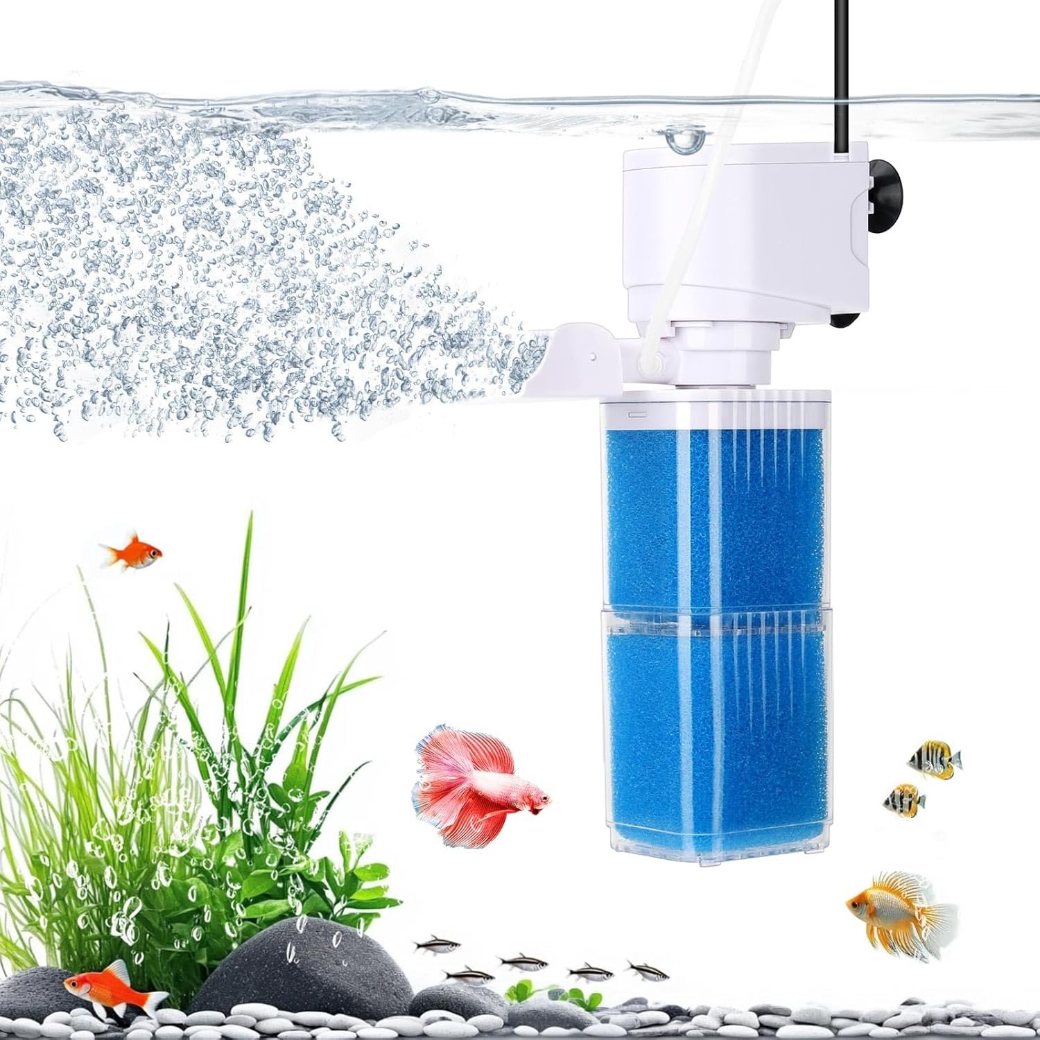 4-IN-1 Aquarium Power Filter – Mutil Stage Filtration, Adjustable Oxygenation/Wavemaker, Whisper-Quiet Submersible Fish Tank Filter & Water Circulation System for 20-100 Gal Fresh/Salt Tank