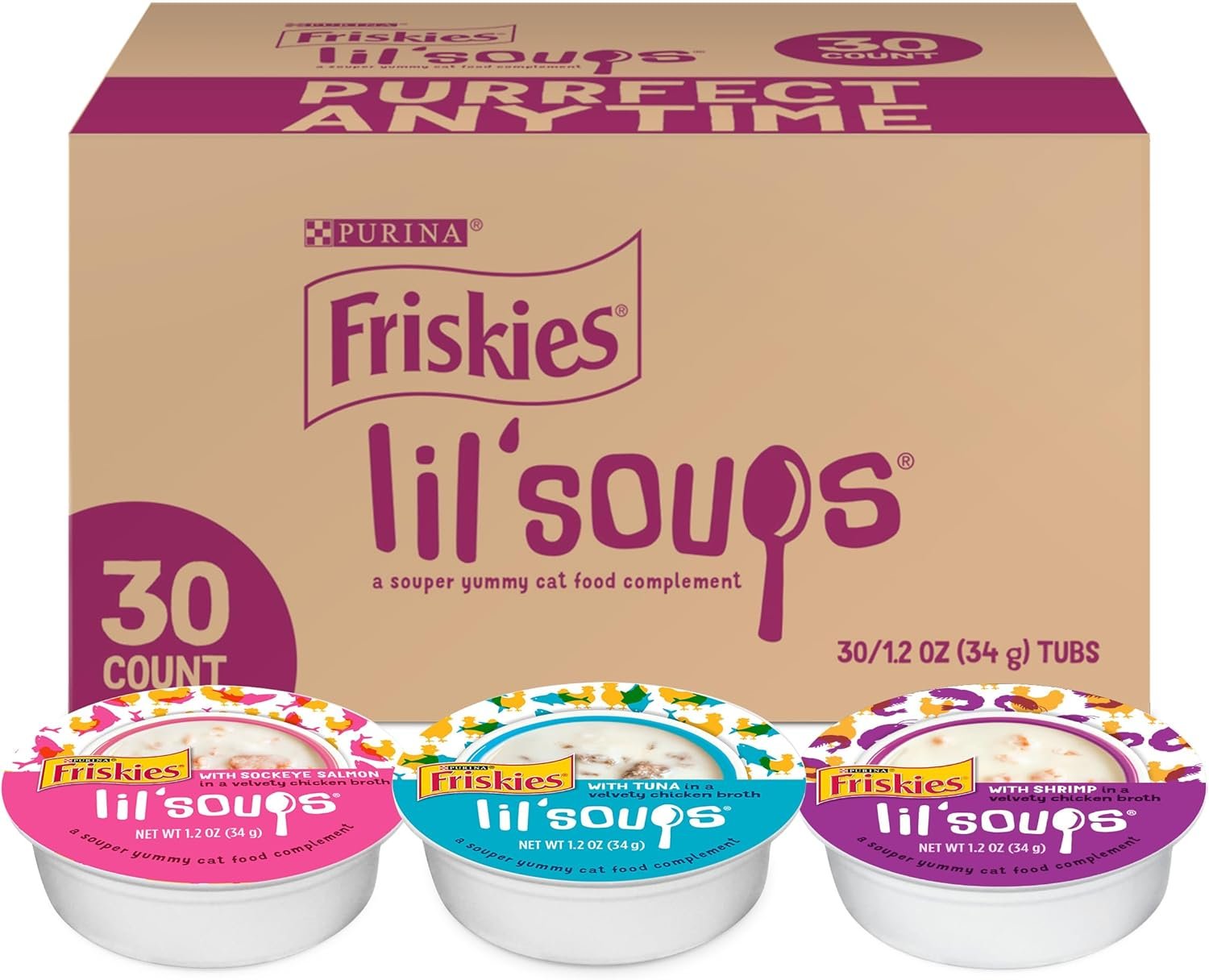 Friskies Purina Grain Free Wet Cat Food Lickable Cat Treats Variety Pack, Lil’ Soups With Salmon, Tuna or Shrimp – (Pack of 30) 1.2 oz. Cups