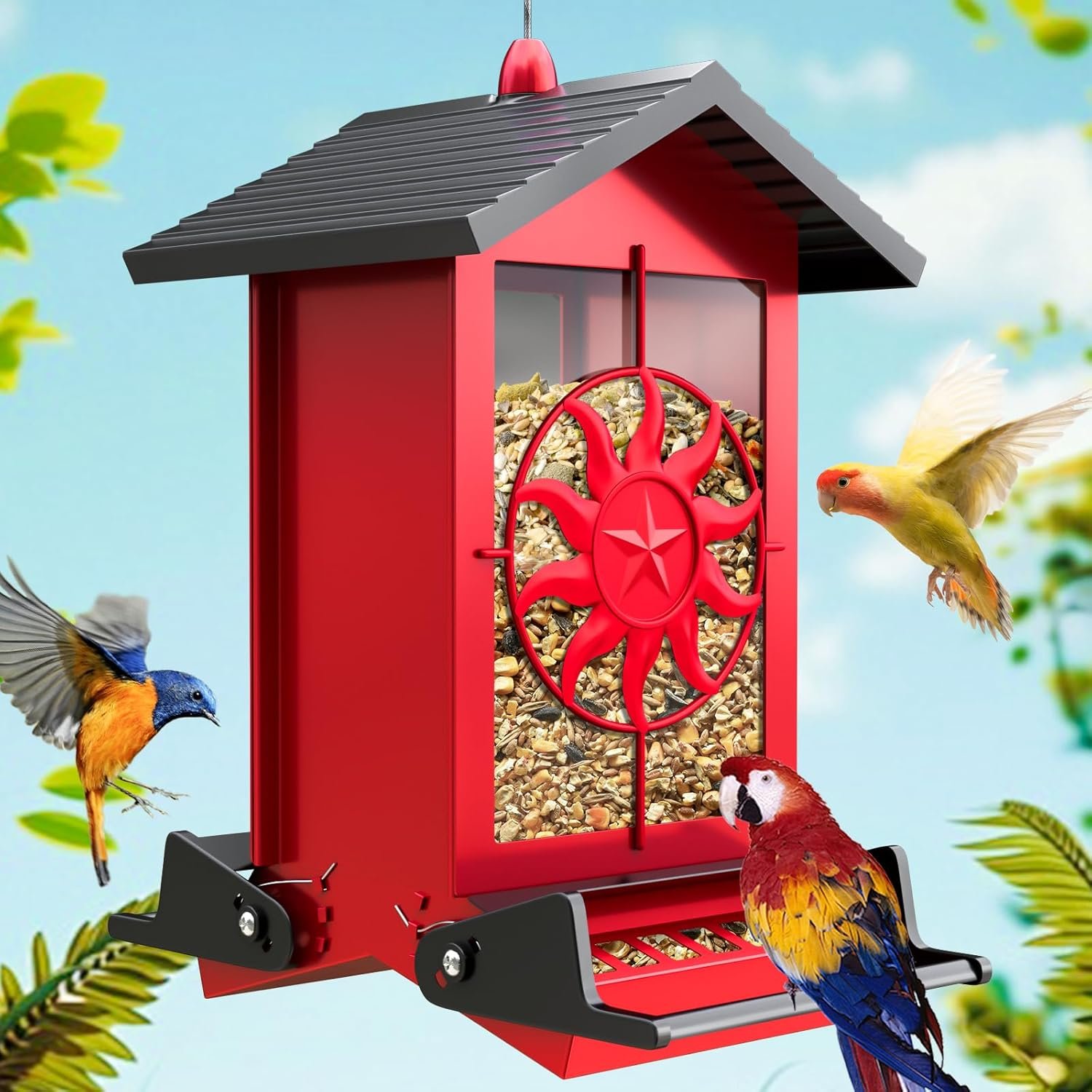 Squirrel Proof Bird Feeders for Outdoors with Weight-Activated, 5LB Large Metal Wild Bird Feeders for Cardinals,Blue Jay,Finch, Weatherproof Durable Hanging Bird Feeder for Backyard,Garden (Red)