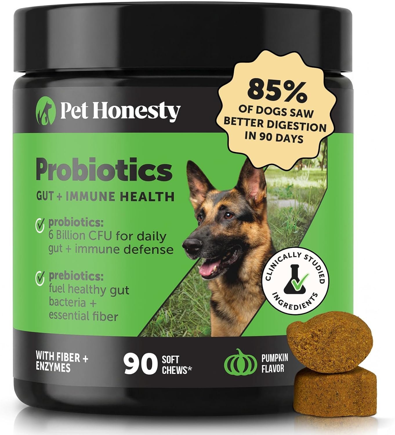 6 Billion CFU Dog Probiotics with Prebiotics, Digestive Enzymes, & Fiber – Relief for Occasional Diarrhea, Gas, Bloating & Itchy Skin – Daily Gut Health & Immune Support for All Dogs (Pumpkin, 90 ct)