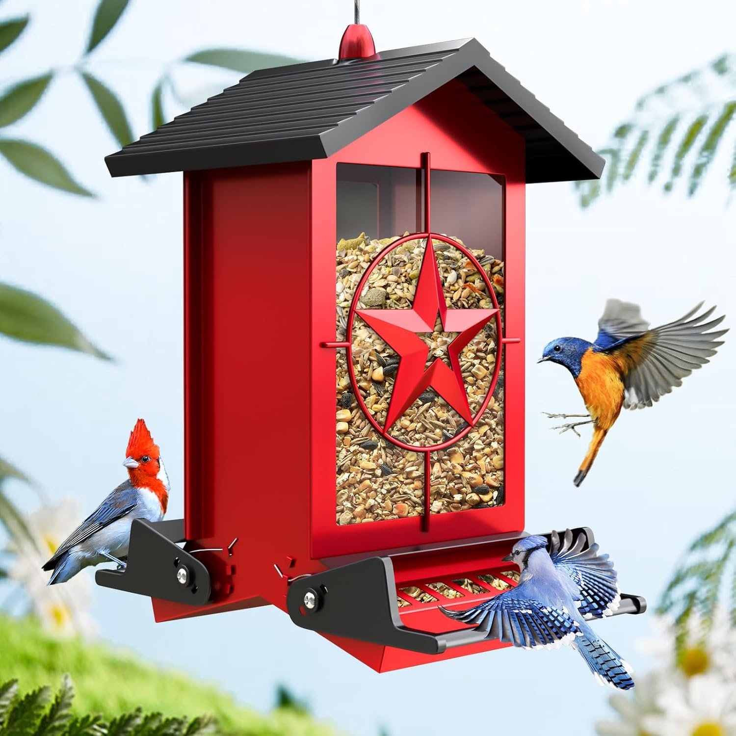 Squirrel Proof Bird Feeders for Outdoors with Weight-Activated, Metal 5LB Large Wild Bird Feeders for Cardinals,Blue Jay,Finch, Weatherproof Durable Hanging Bird Feeder for Backyard,Garden (Red)