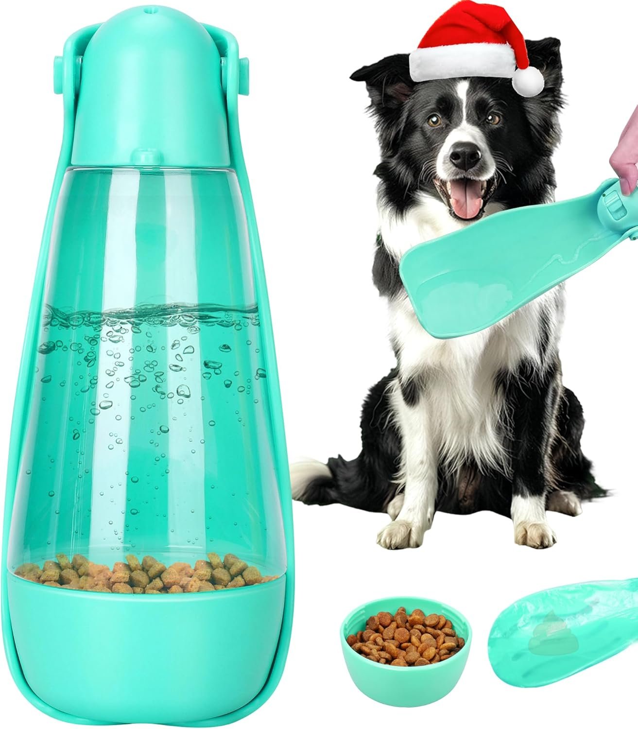 UPSKY Portable Dog Water Bottle, 3-in-1 Foldable Dog Water Dispenser with Food Container & Poop Scooper, Leak Proof, Ideal for Walking, Traveling, Hiking with Small/Large Dogs, 14.2 oz(Green)