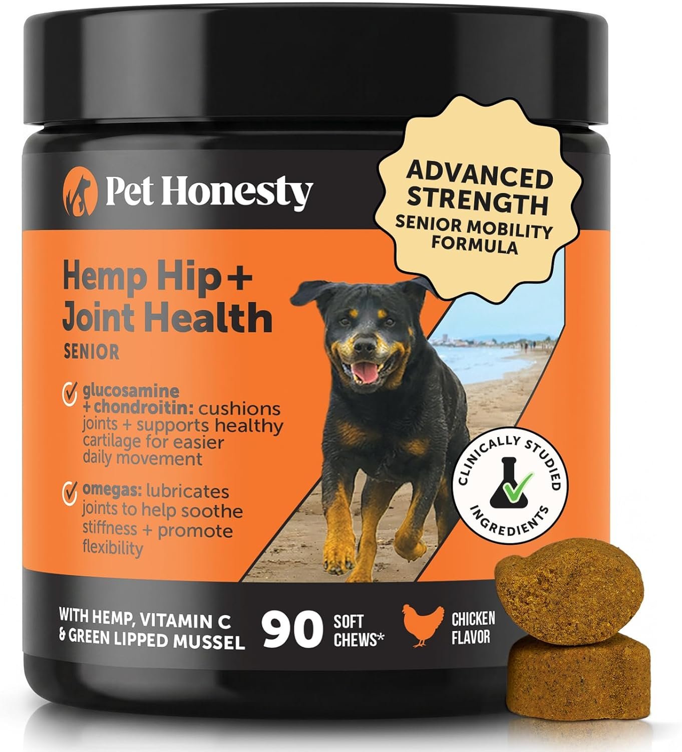 Senior Hemp Hip and Joint Supplement for Dogs – Glucosamine Chondroitin, MSM & Green Lipped Mussel – Relief for Joint Stiffness, Advanced Strength Mobility Support for Senior Dogs (Chicken, 90 Ct)