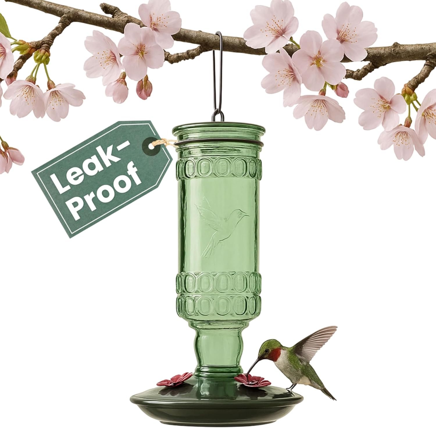 Perky-Pet Glass Bottle Hummingbird Feeder – Outdoor Garden Décor Humming bird Feeder, 8108-1SR – 10 Fl Oz Nectar Capacity – Durable Green Antique Design – Hang from Tree, Porch, Deck, Hook