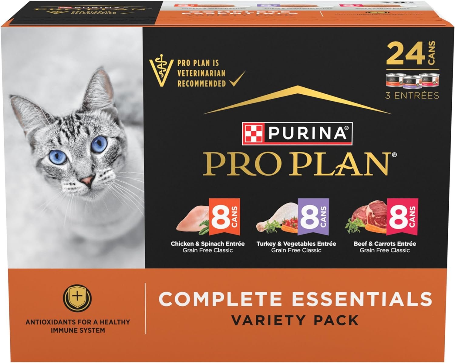 Purina Pro Plan Complete Essentials Chicken, Turkey and Beef Grain Free Wet Cat Food Variety Pack – (24) 3 oz. Cans