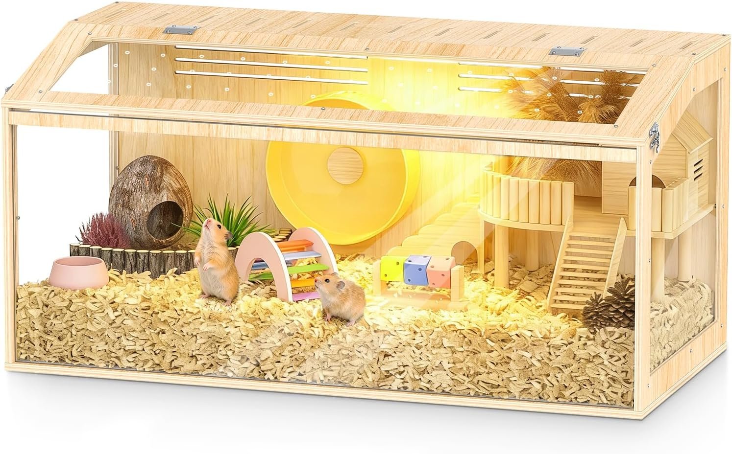 XiaZ Large Hamster Cage,40 Inch Wooden Hamster Cage with Panoramic View and Ventilated Top, Spacious Acrylic Glass Habitat for Syrian Dwarf Hamsters and Degus, Natural Wood Frame Enclosure