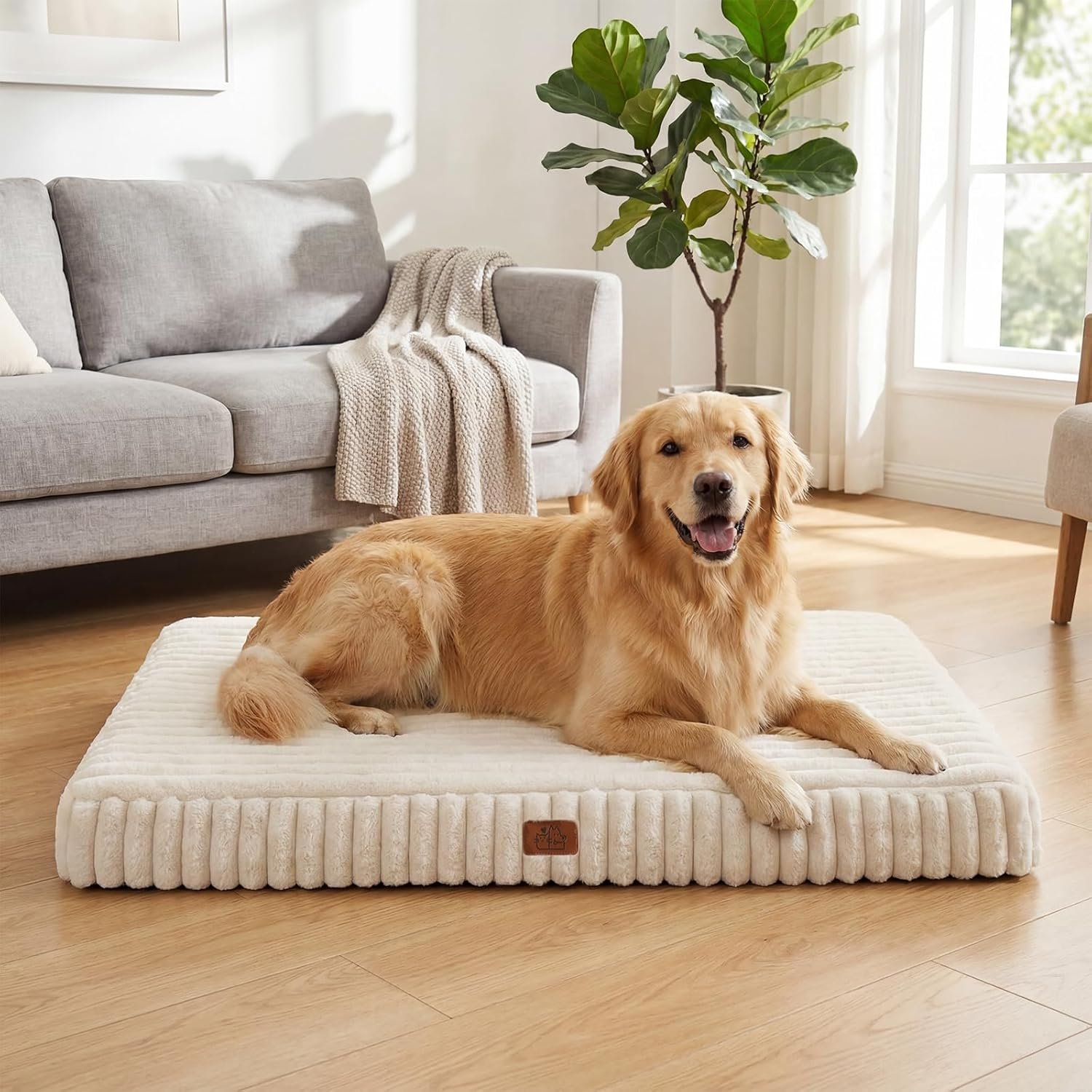 Orthopedic Dog Bed for Large Dog, Waterproof Pet Bed,Non-Slip Bottom and Egg-Crate Foam with Removable Washable Cover Crate Bed,Cream,36″x27″x3″