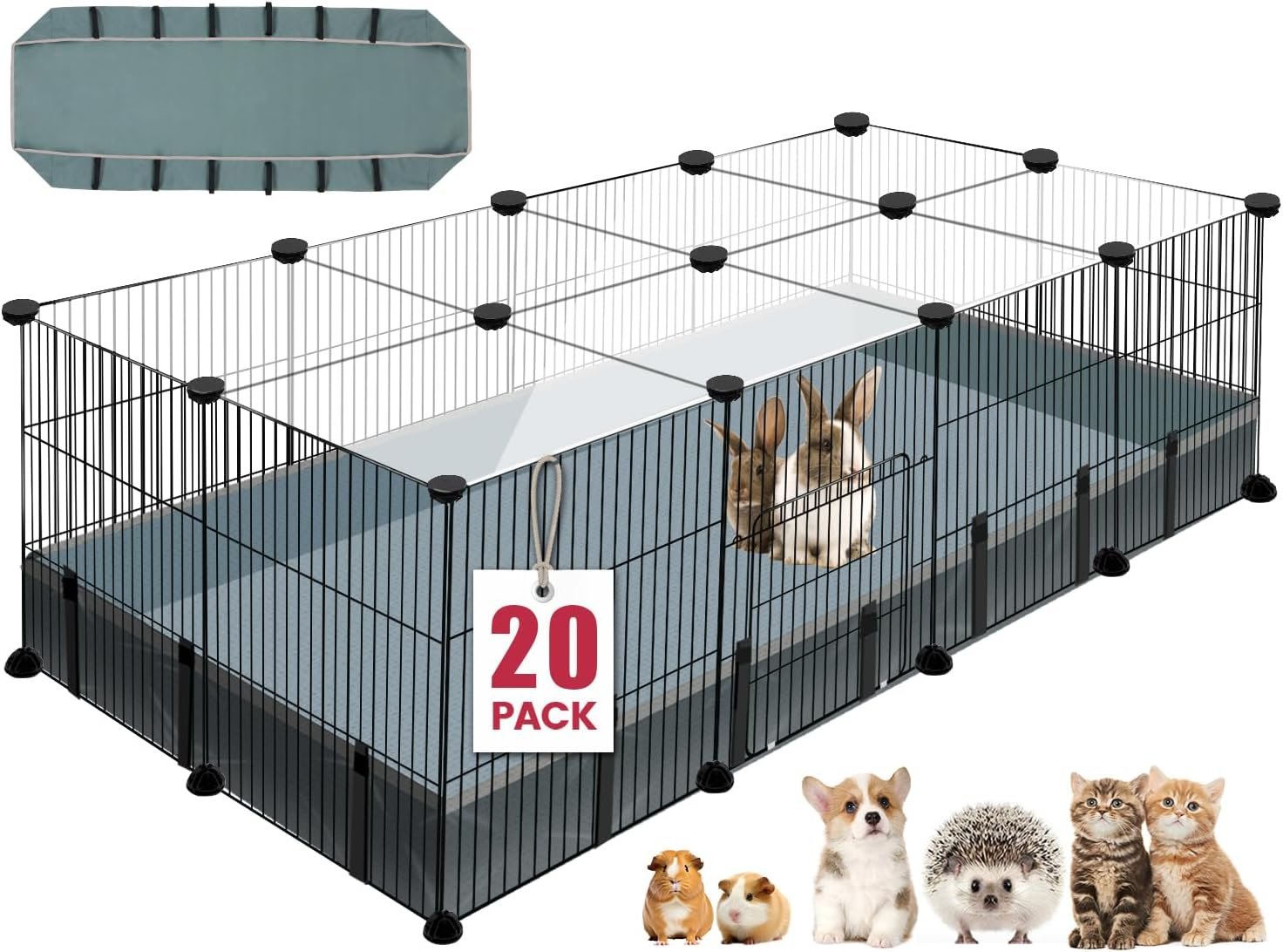20 Panels Small Animal Playpen, 48″ x 24″ x 16″ Pet Playpen with Waterproof Mat, C&C Cage for Guinea Pigs, Rabbit/Bunny/Baby Chicken Cage,Bunny/Puppy/Chicken Pen Indoor Outdoor Portable Metal Fence