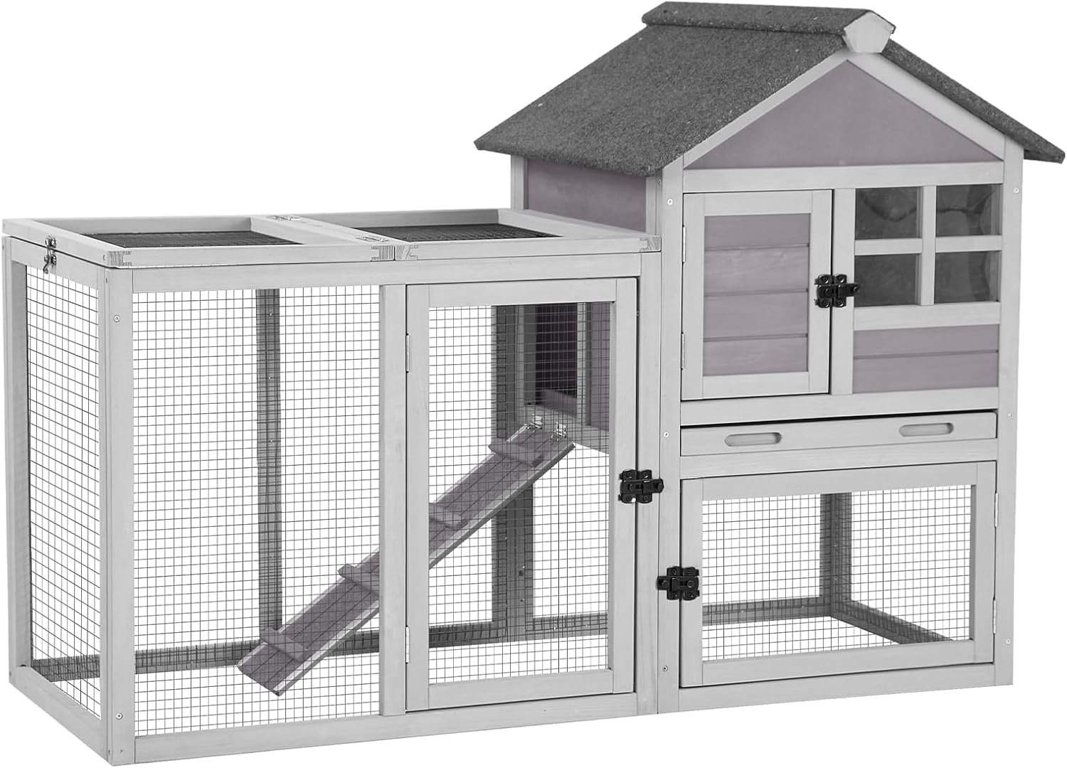 Aivituvin Rabbit Hutch Indoor Outdoor 51.6”L Chicken Coop Bunny Cage with Run,Guinea Pig House Pull Out Upper Tray (51.6″ L x 25.2″ W x 36.2″ H, Grey-1 Set)