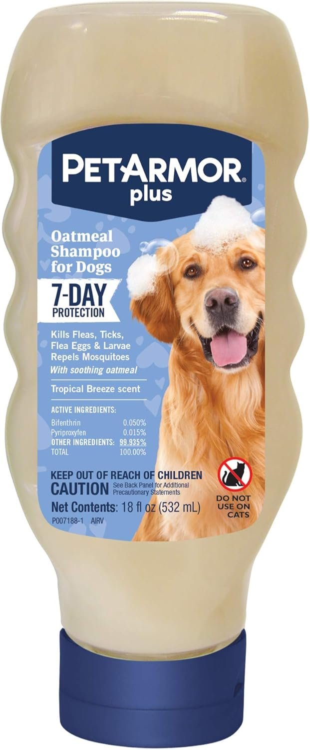 PetArmor Plus Flea and Tick Shampoo for Dogs, Oatmeal Flea Shampoo Kills Fleas, Ticks, and More, Tropical Breeze Scent, 18oz