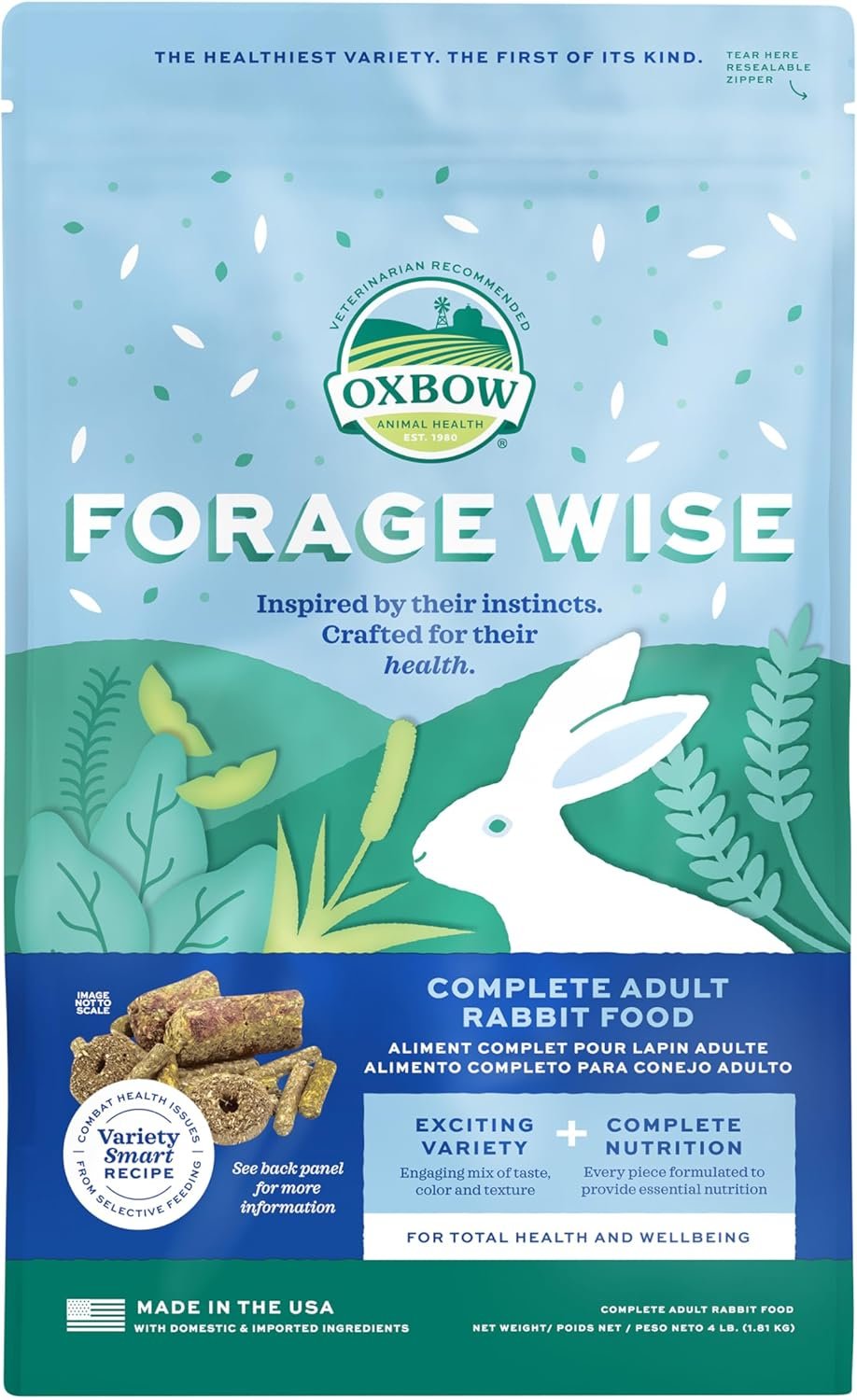 Oxbow Forage Wise Adult Rabbit Food, Engaging Variety Diet with Complete Nutrition in Every Piece, Timothy Hay Based Rabbit Food with Variety, Supports Digestion & Dental Health, Made in USA, 4 lb Bag