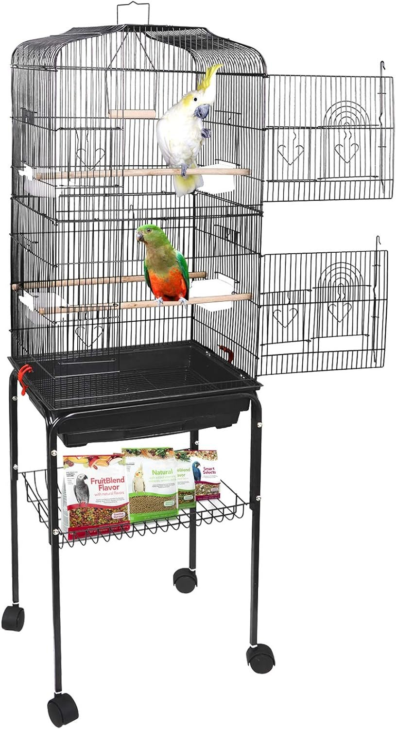 SUPER DEAL 59.3 Rolling Bird Cage Large Wrought Iron Cage for Cockatiel Sun Conure Parakeet Finch Budgie Lovebird Canary Medium Pet House with Rolling Stand & Storage Shelf