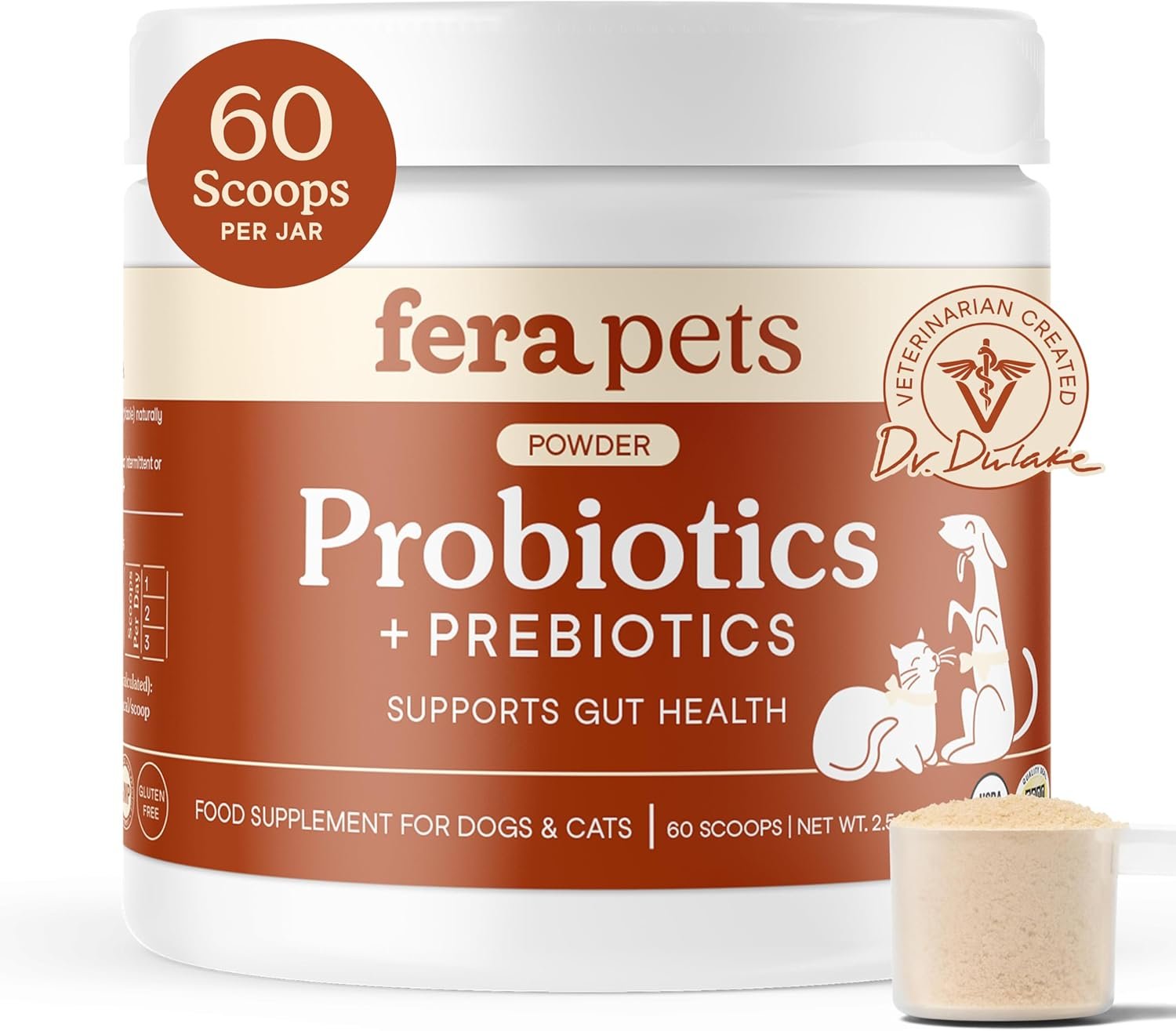 Fera Pets Probiotics for Dogs & Cats with Prebiotics – USDA Organic – Gut Health Powder Supplement with 12 Strains and 5 Billion CFUs – Supports Immunity, Energy and Skin & Coat – 60 Scoops