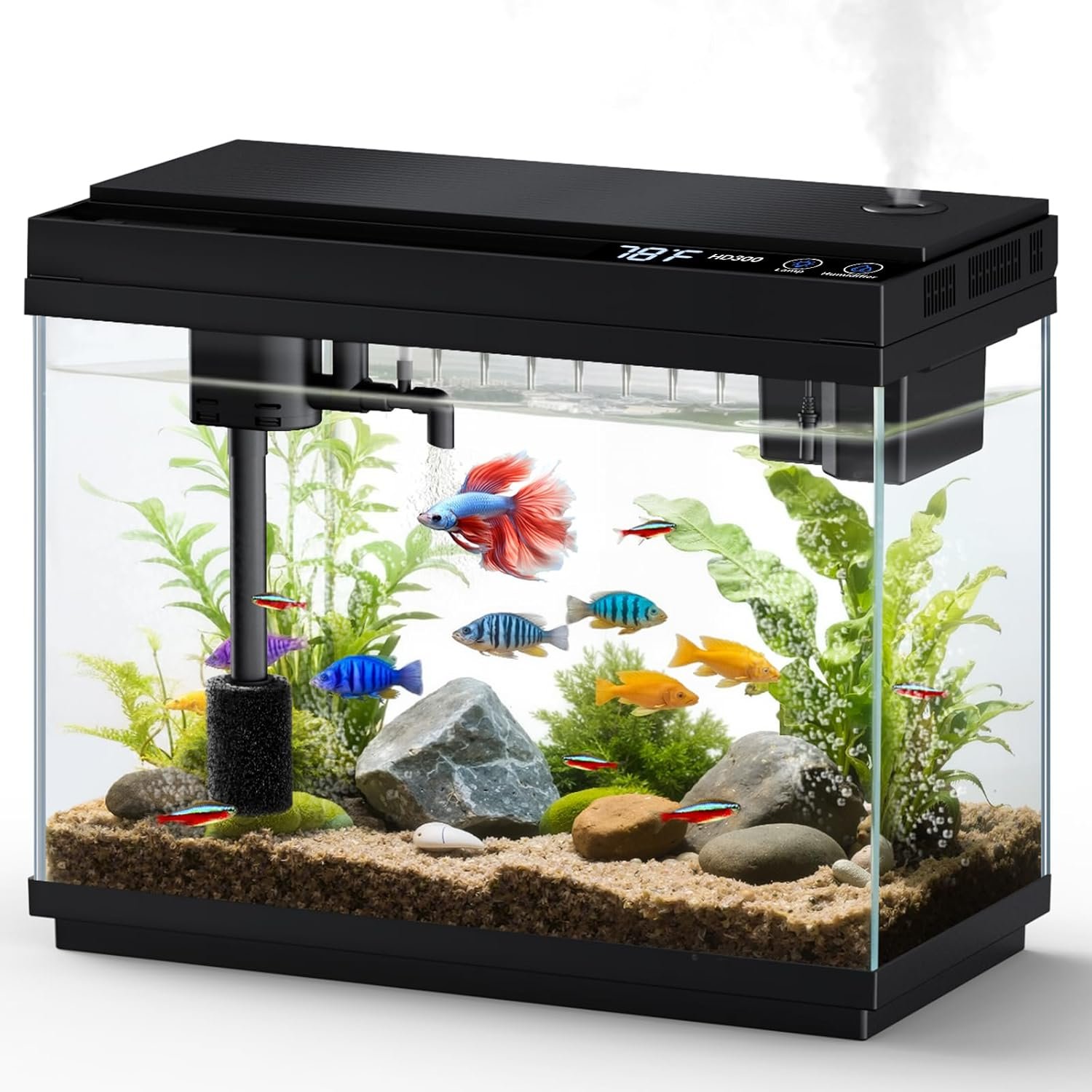 Fishkeeper 2.3G Smart Aquarium – Ultra Clear Glass Fish Tank w/Auto Timer 8-Color RGB Lights, 4-in-1 Self-Cleaning Silent Water Pump, Aromatherapy, Temperature Display, Perfect for Desktop Decor