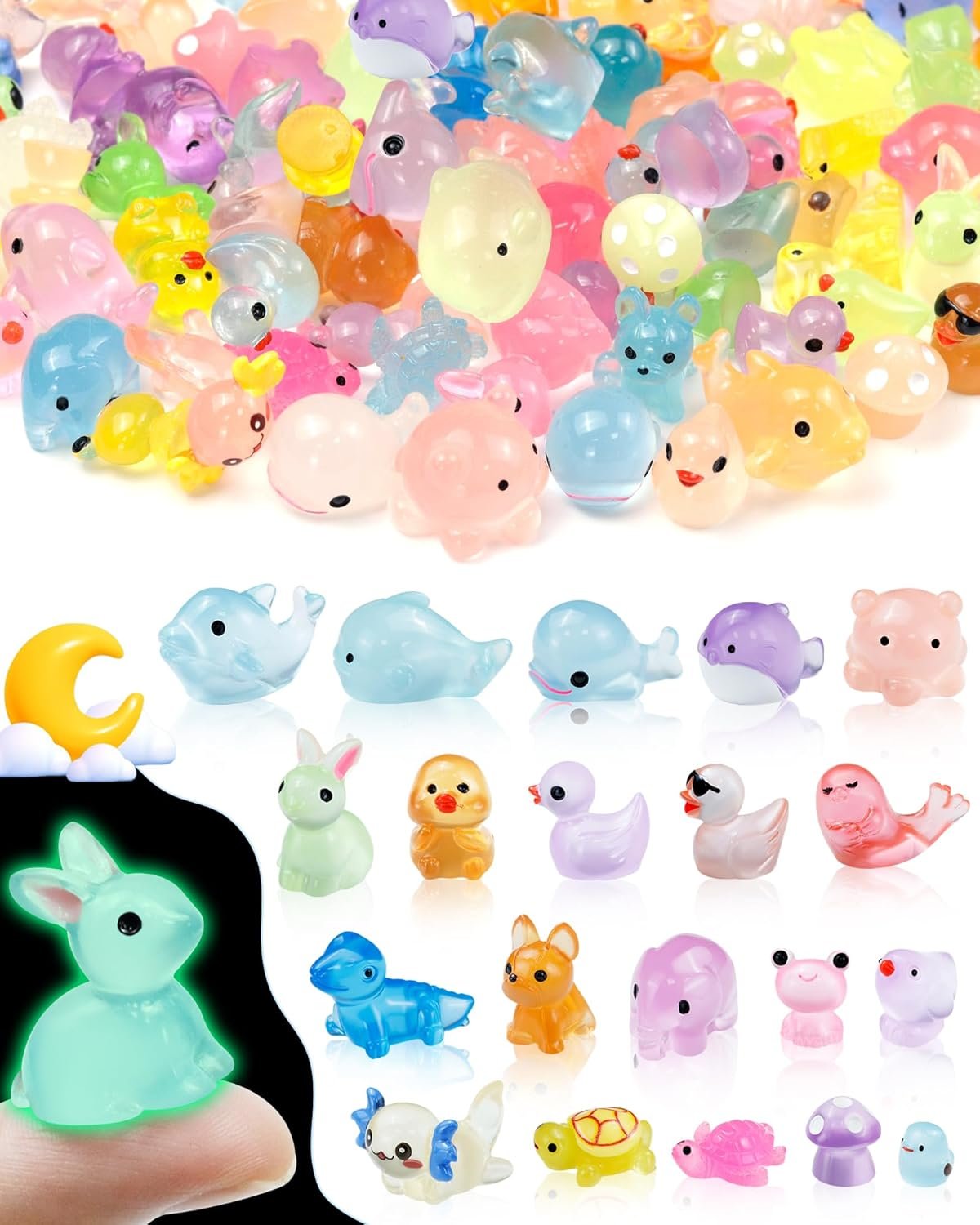 FIVEIZERO 100PCS Luminous mini Resin Animals Bulk – 20 Styles Glow in The Dark Plastic Tiny Animals Figures for Dollhouse, Fairy Garden, Aquarium, Party Favors & DIY Craft Decor