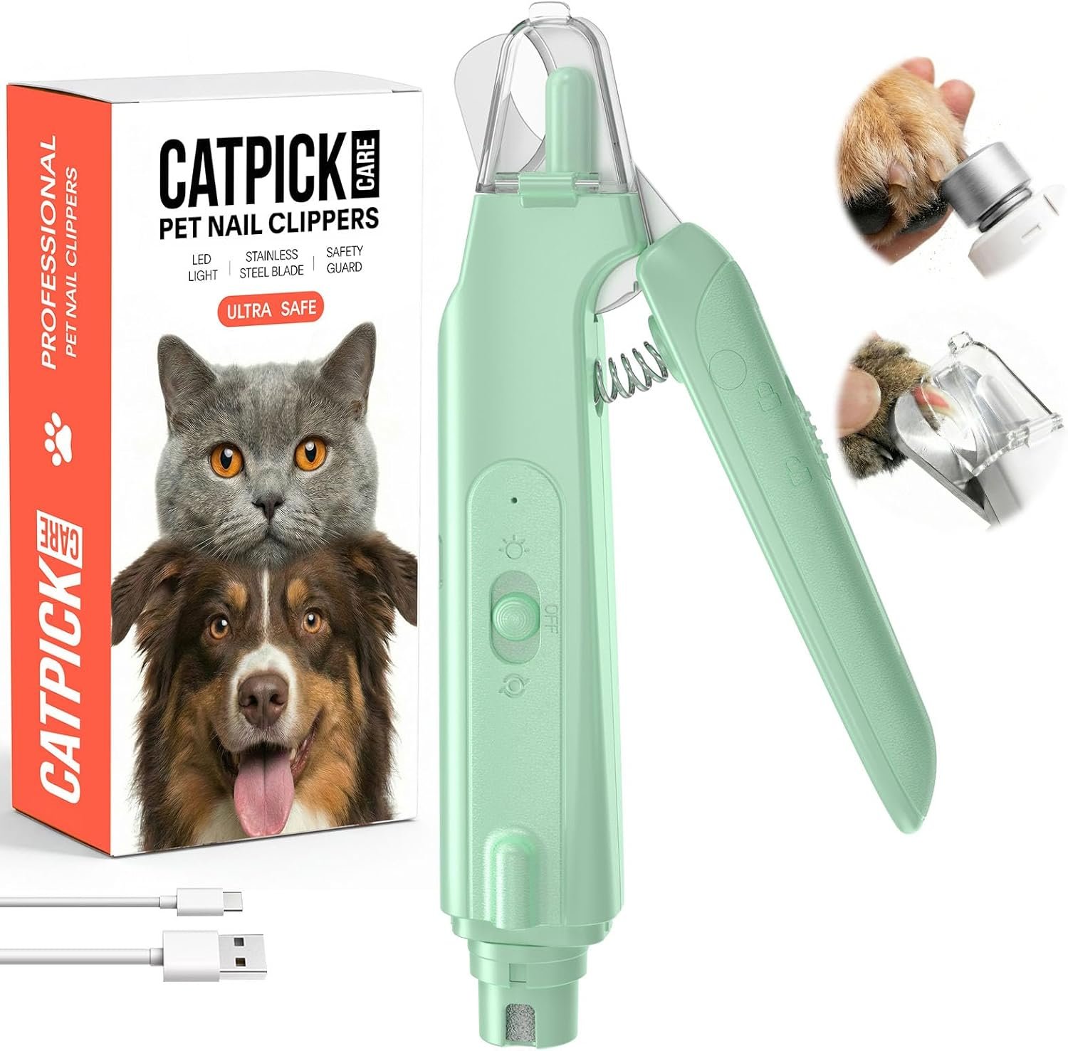 2-in-1 Dog & Cat Nail Clipper with Grinder – Dual Highlight LED Reduce Over-Trimming, Long Battery Cordless USB-C Rechargeable, Safety Lock & Catcher Cap, Quiet Home Grooming for Small Large Pets