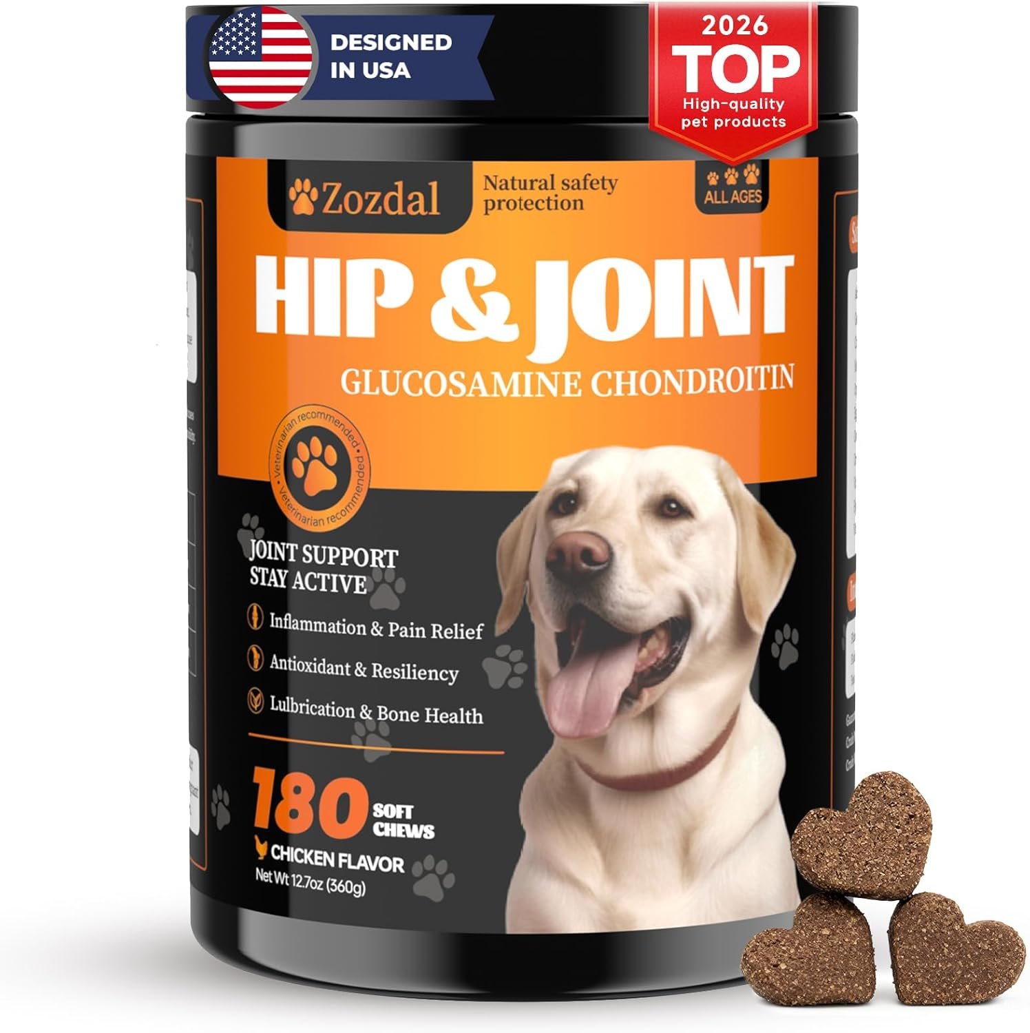 Dog Hip & Joint Supplement, 180 Chicken Chews – Glucosamine Chondroitin MSM Turmeric for Large Breed & Senior Dogs