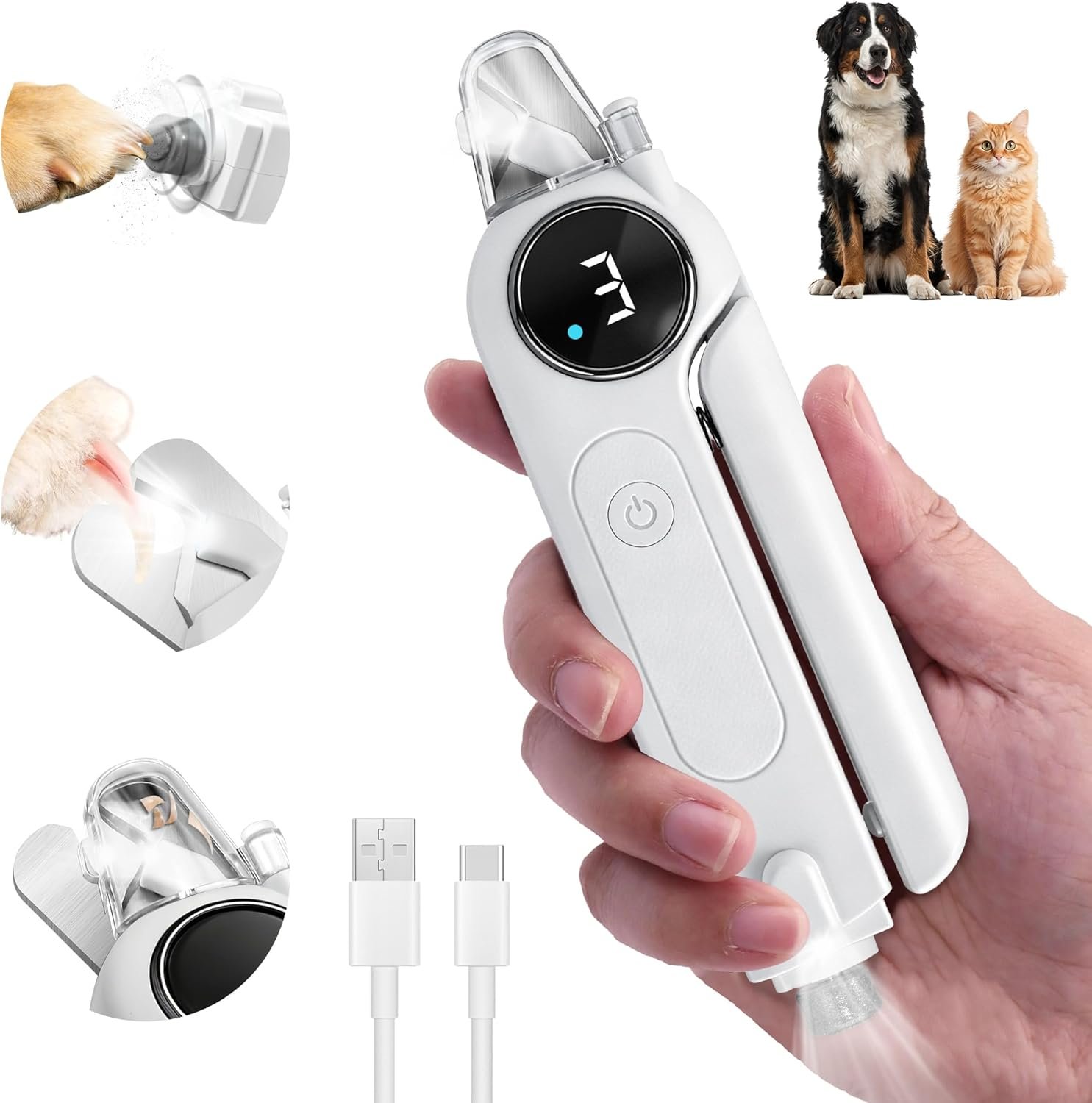 2-in-1 Dog Nail Clippers & Grinder with Light, Quiet Electric Pet Nail Trimmer for Large Medium Small Dogs & Cats, 3 Speeds, Rechargeable, Splash Guard & Safety Lock, Painless Grooming Tool (White)