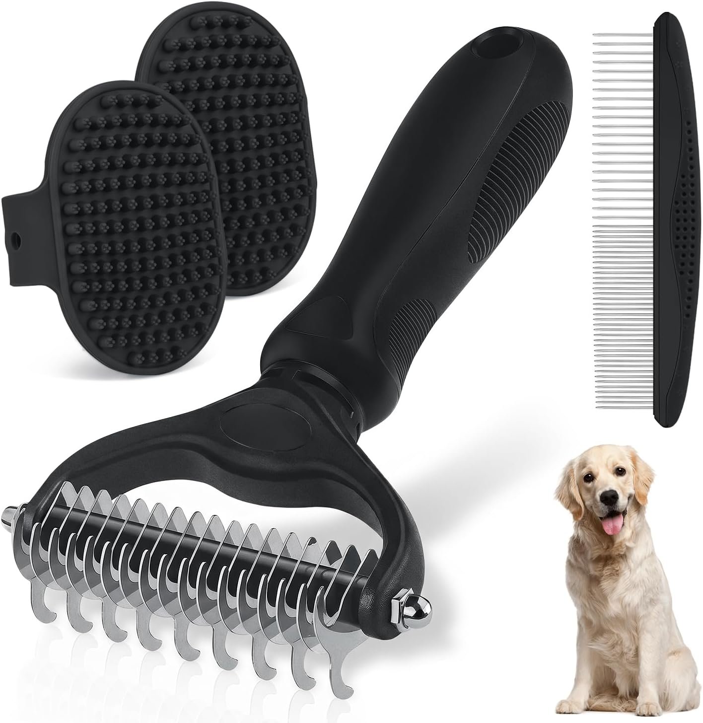 Double-Sided Pet Grooming Rake – 4-in-1 Professional Pet Grooming Kit Deshedding Dematting Tool for Dogs Cats Extra-Wide Grooming Brush & Deshedder Comb for Long & Short Haired Pets (Black Kit 4PCS)