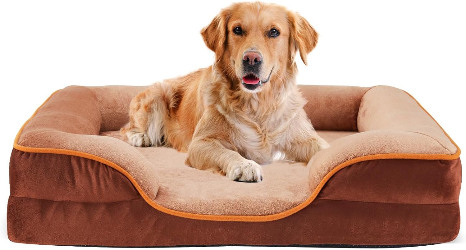 NEWBULIG 35×25 Inch Orthopedic Dog Bed, Extra Large Sized Dog Couch Bed with Washable Cover, Memory Foam Sofa for Indoor Cats, Soft Fluffy Surface, Brown