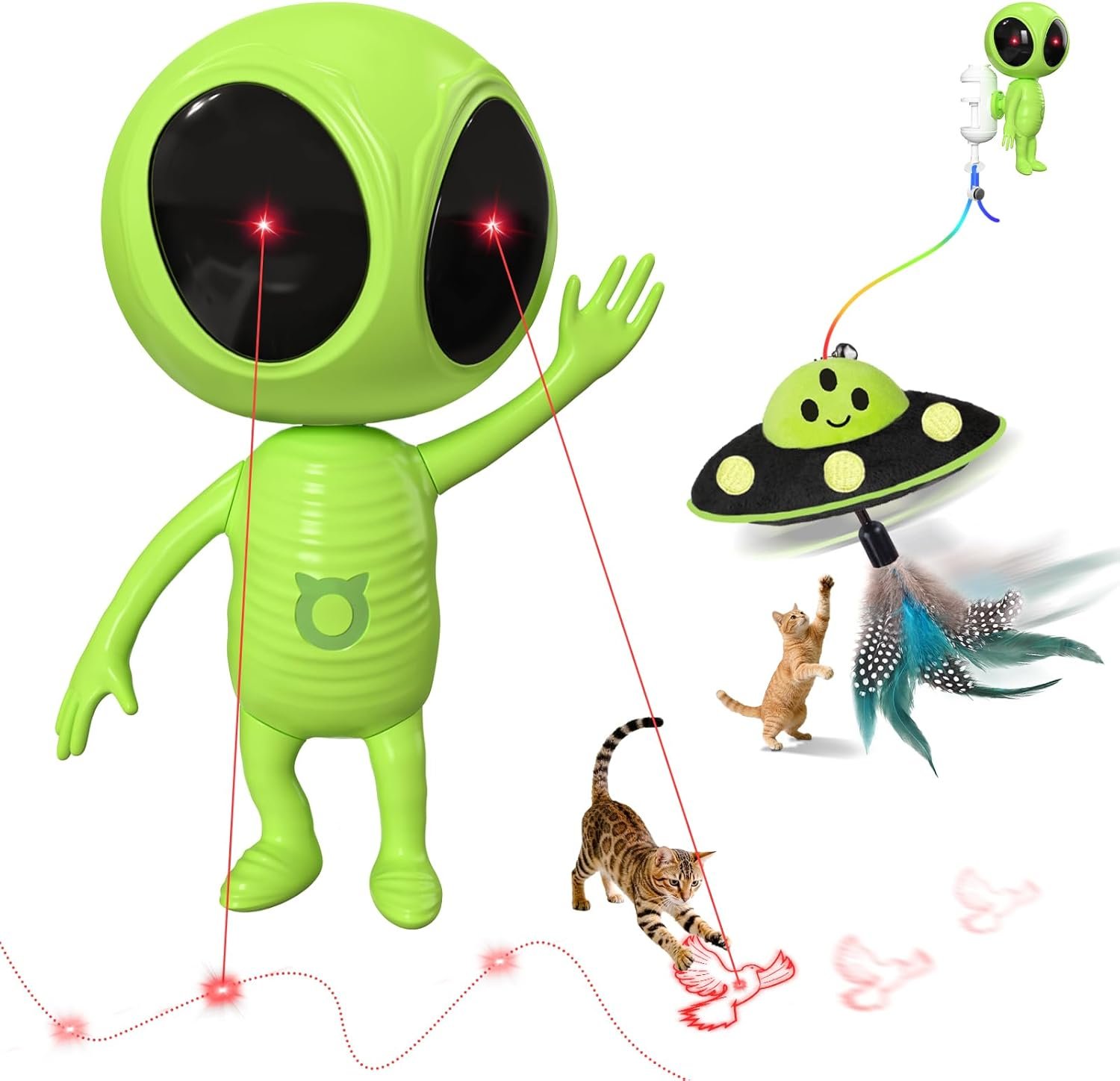 Cat Laser Toy, 2-in-1 Interactive Cat Toys with Dual Laser & Catnip Dangler, Smart Motion-Activated Random Trajectory, 4 Speed Modes, Rechargeable, Quiet & Clamp Design for Bored Indoor Cats