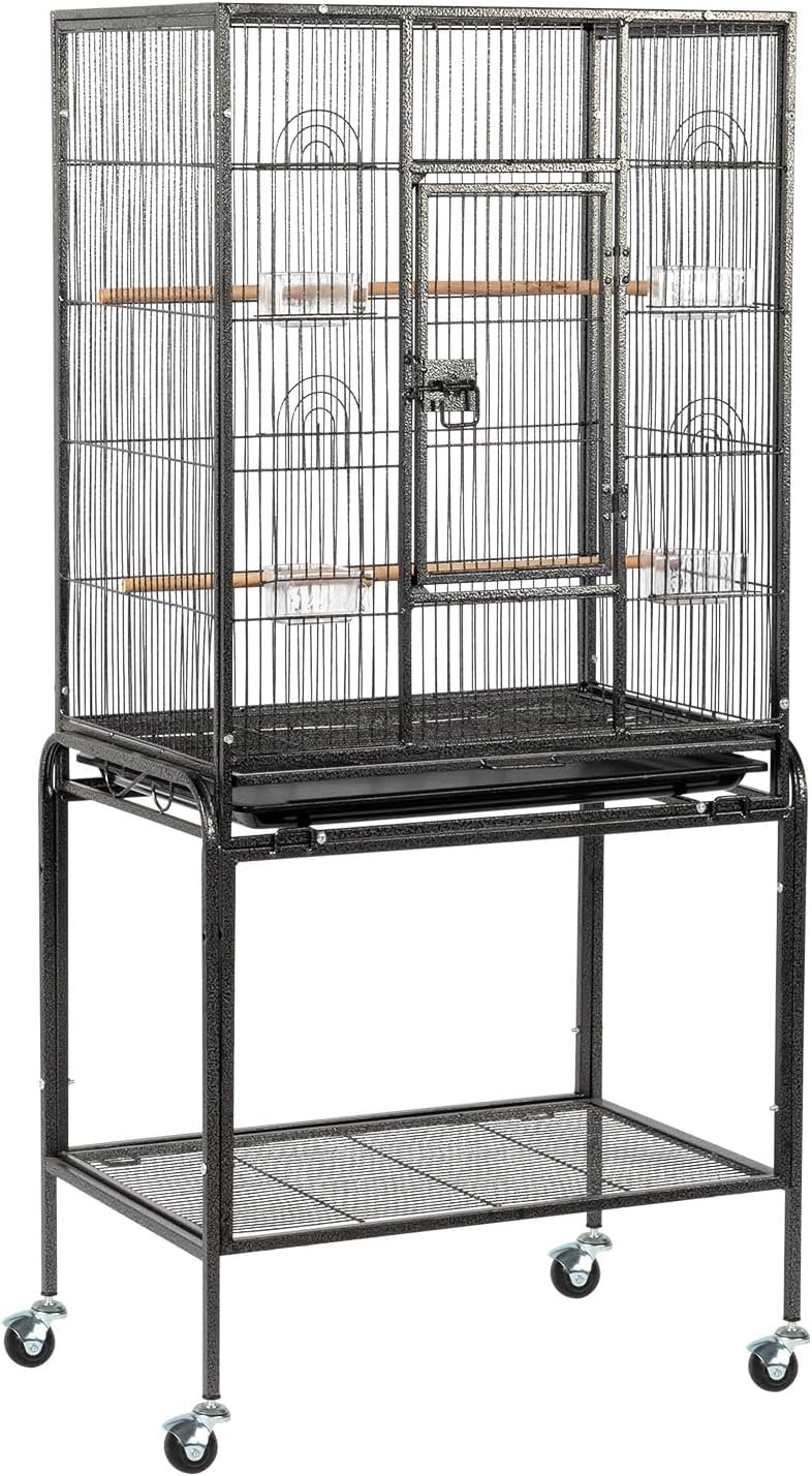 VINGLI 53-inch Bird Cage with Wheels, Durable Wrought Iron Parakeet Cage with Slide Out Tray, Black Bird Cages for Parakeets/Lovebird/Cockatiels/Budgies and Other Small/Medium Birds (Large-53 inch)