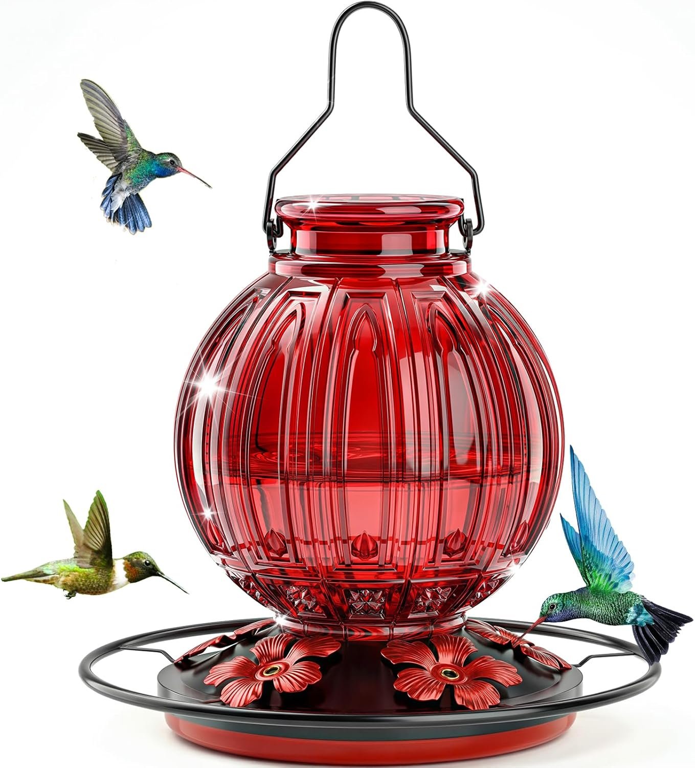 Glass Hummingbird Feeder for Outdoors Hanging, 26Oz Bird Nectar Feeder with Perch & 5 Flower Feeding Ports, Leak Proof for Outside Garden Decor Backyard, Gifts for Women Mom, Red