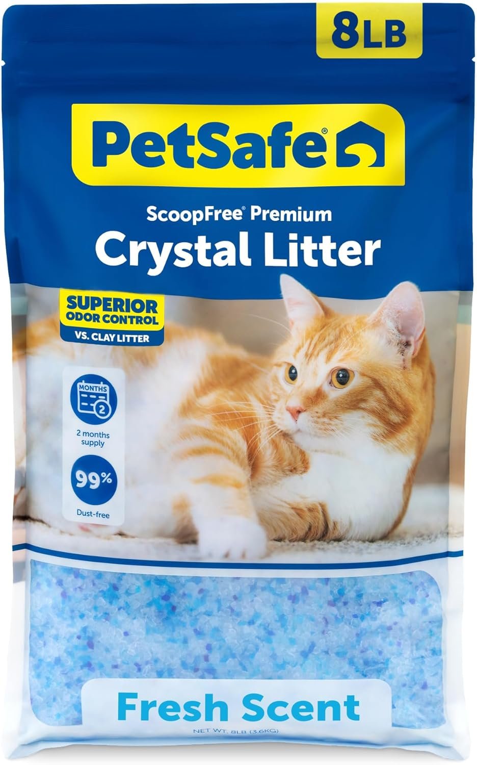 PetSafe ScoopFree 8 lb Bag Premium Crystal Cat Litter- Ultra-Absorbent Silica- Universal Litterbox Crystals – Non-Clumping Odor Control – Fresh Scent Fresh Scent