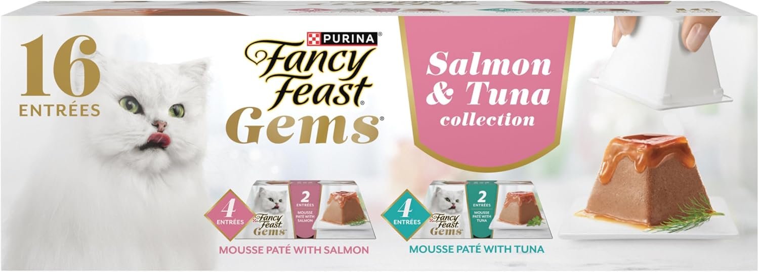 Fancy Feast Gems Pate Cat Food Mousse Salmon or Tuna and a Halo of Savory Gravy Wet Cat Food Variety Pack – (1) 8 ct. Boxes – 8 ct. Box